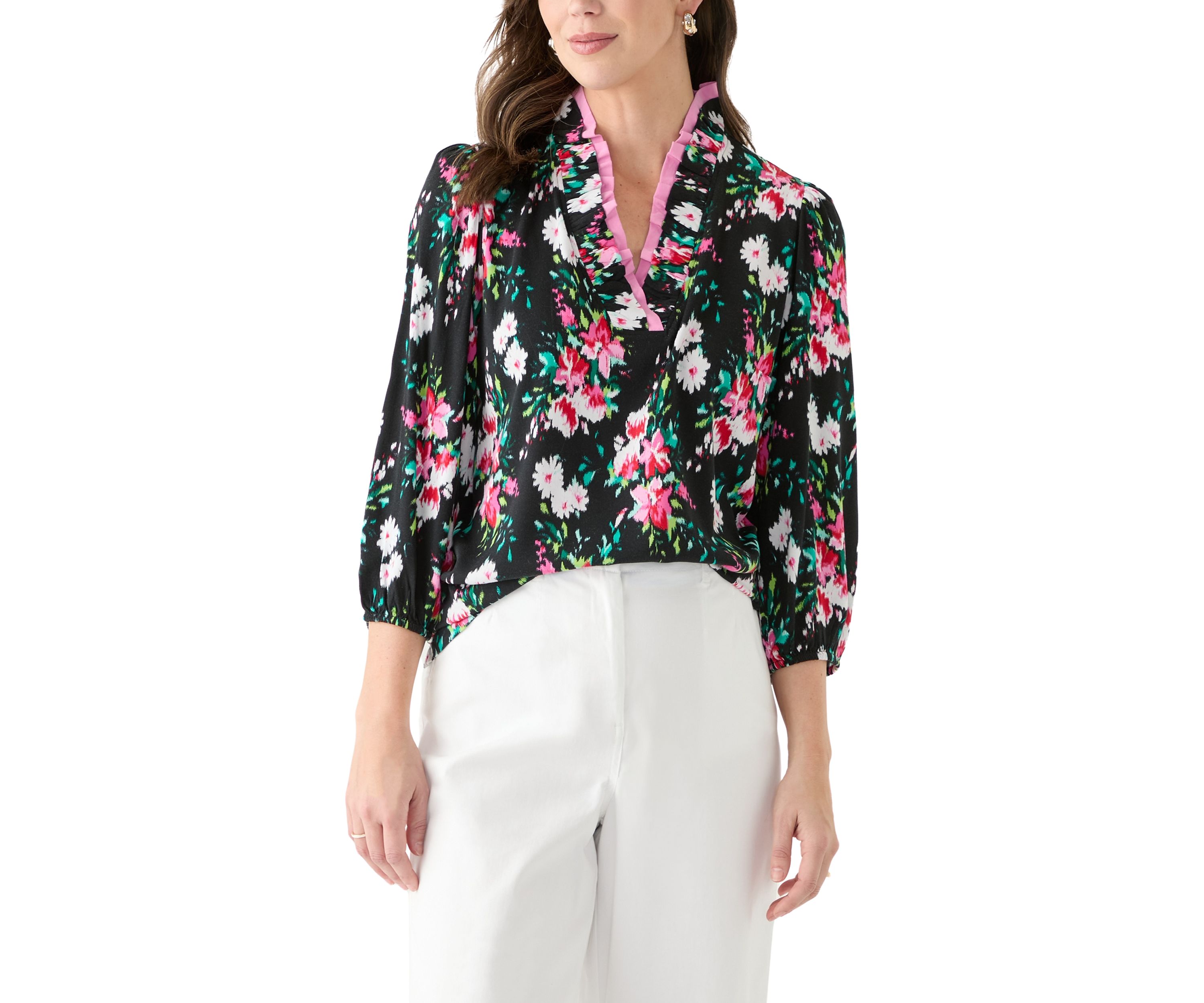 Womens 3/4 Sleeve Double Ruffle Neck Printed Top