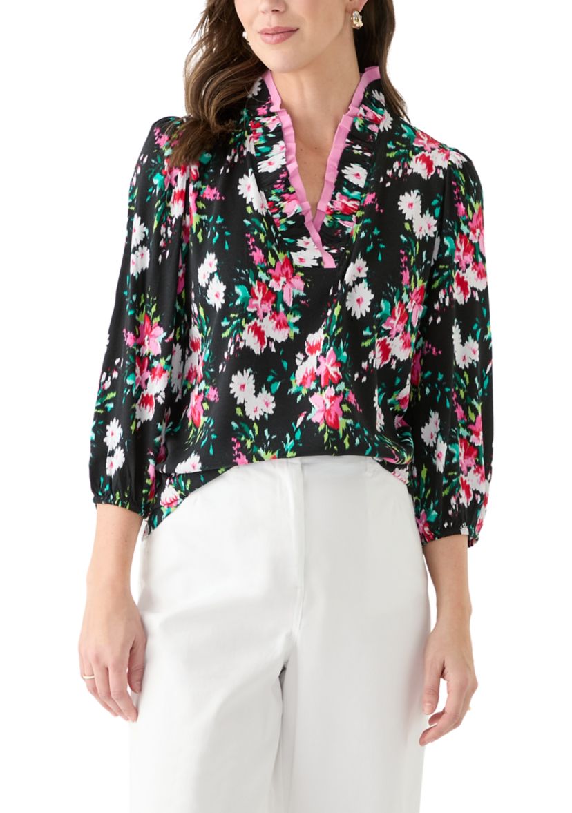 Womens 3/4 Sleeve Double Ruffle Neck Printed Top