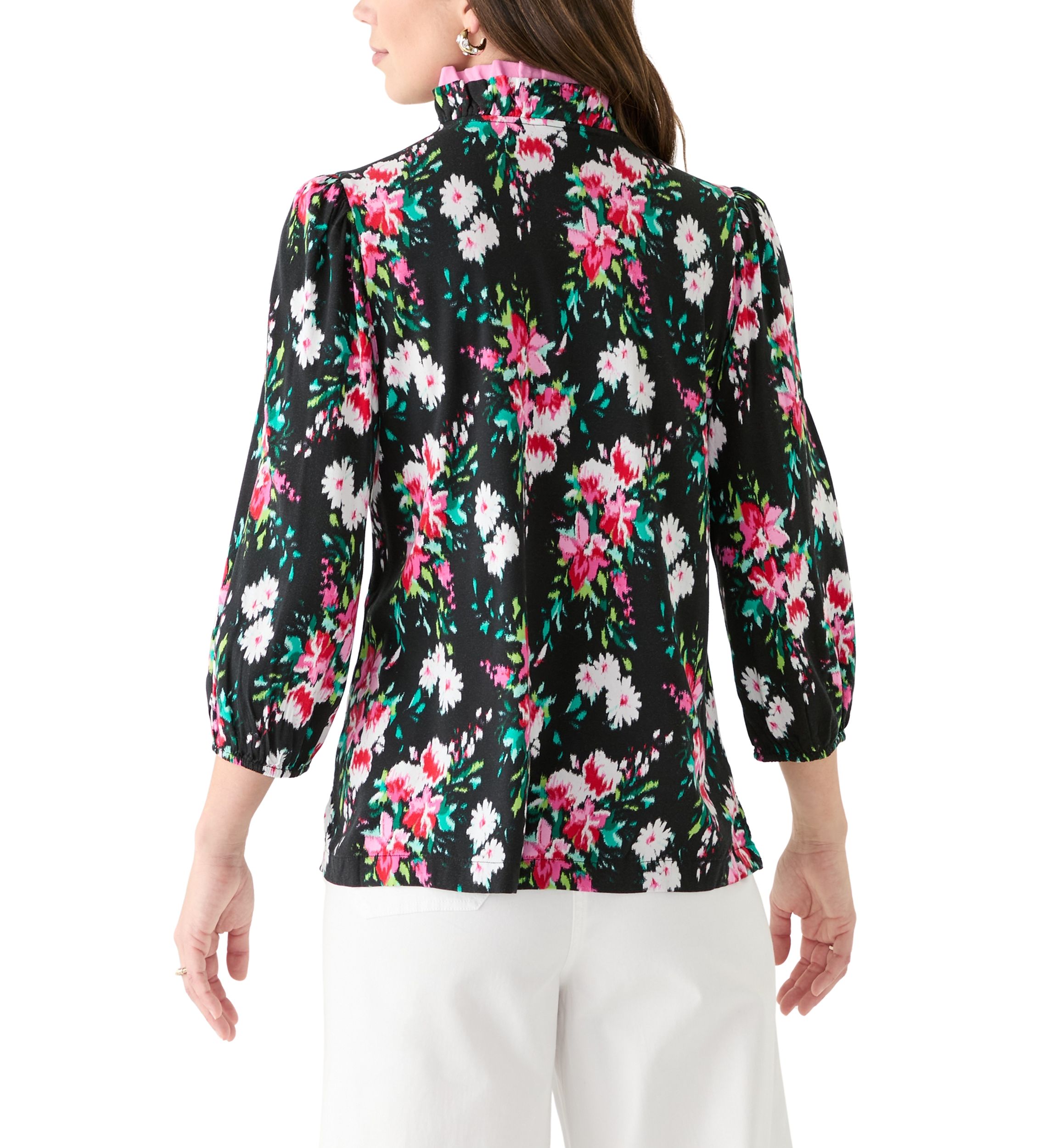 Womens 3/4 Sleeve Double Ruffle Neck Printed Top