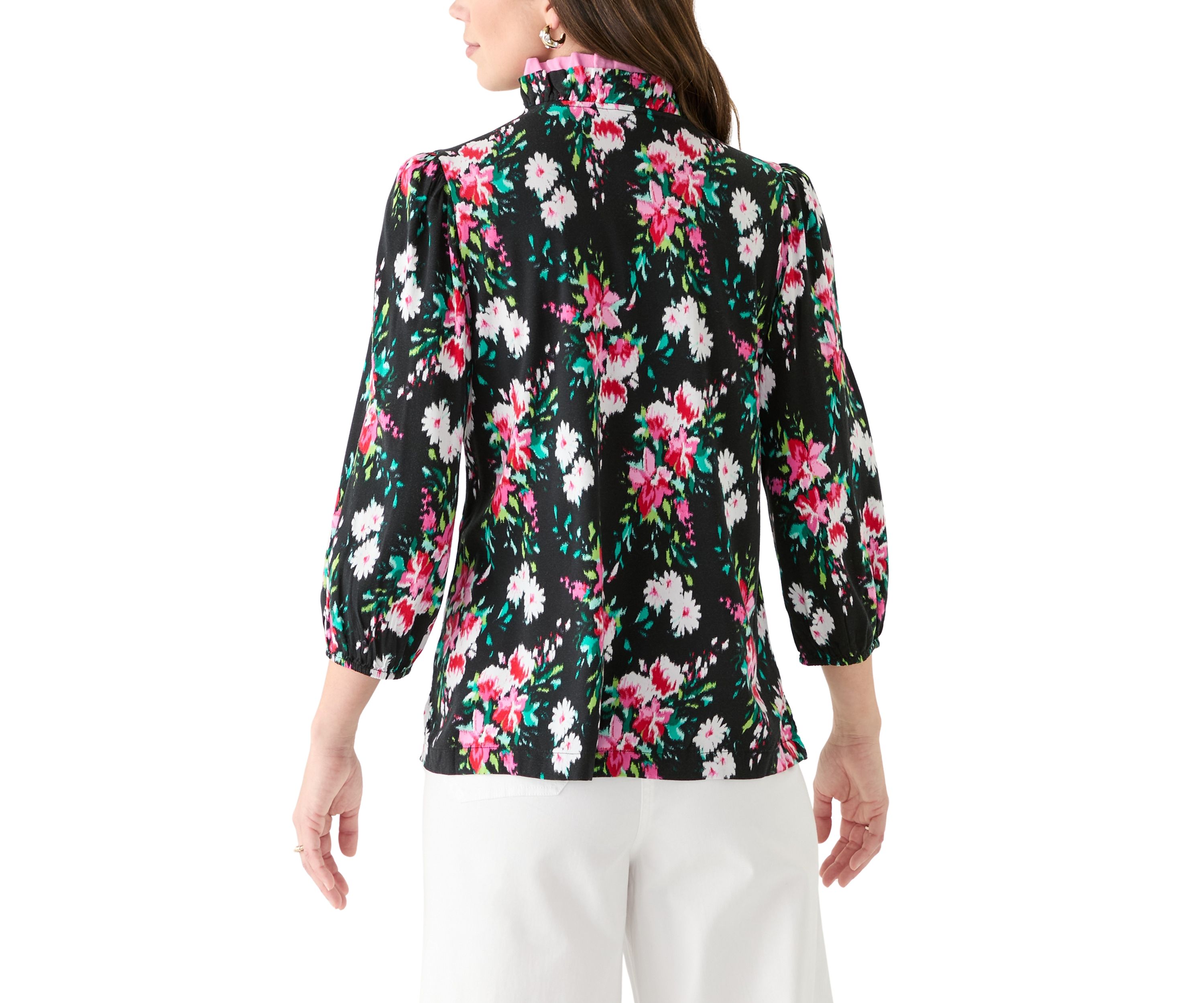 Womens 3/4 Sleeve Double Ruffle Neck Printed Top