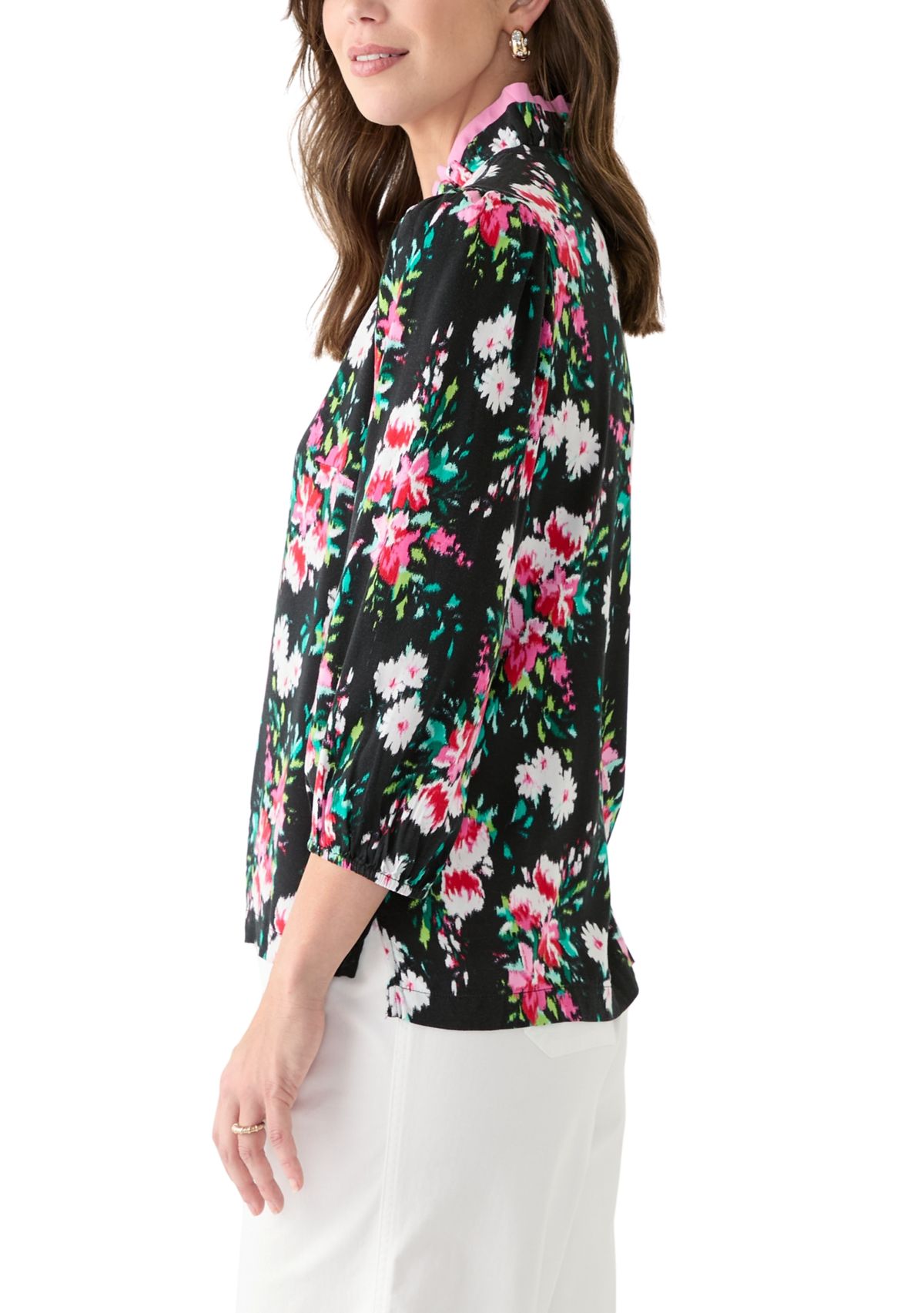 Womens 3/4 Sleeve Double Ruffle Neck Printed Top