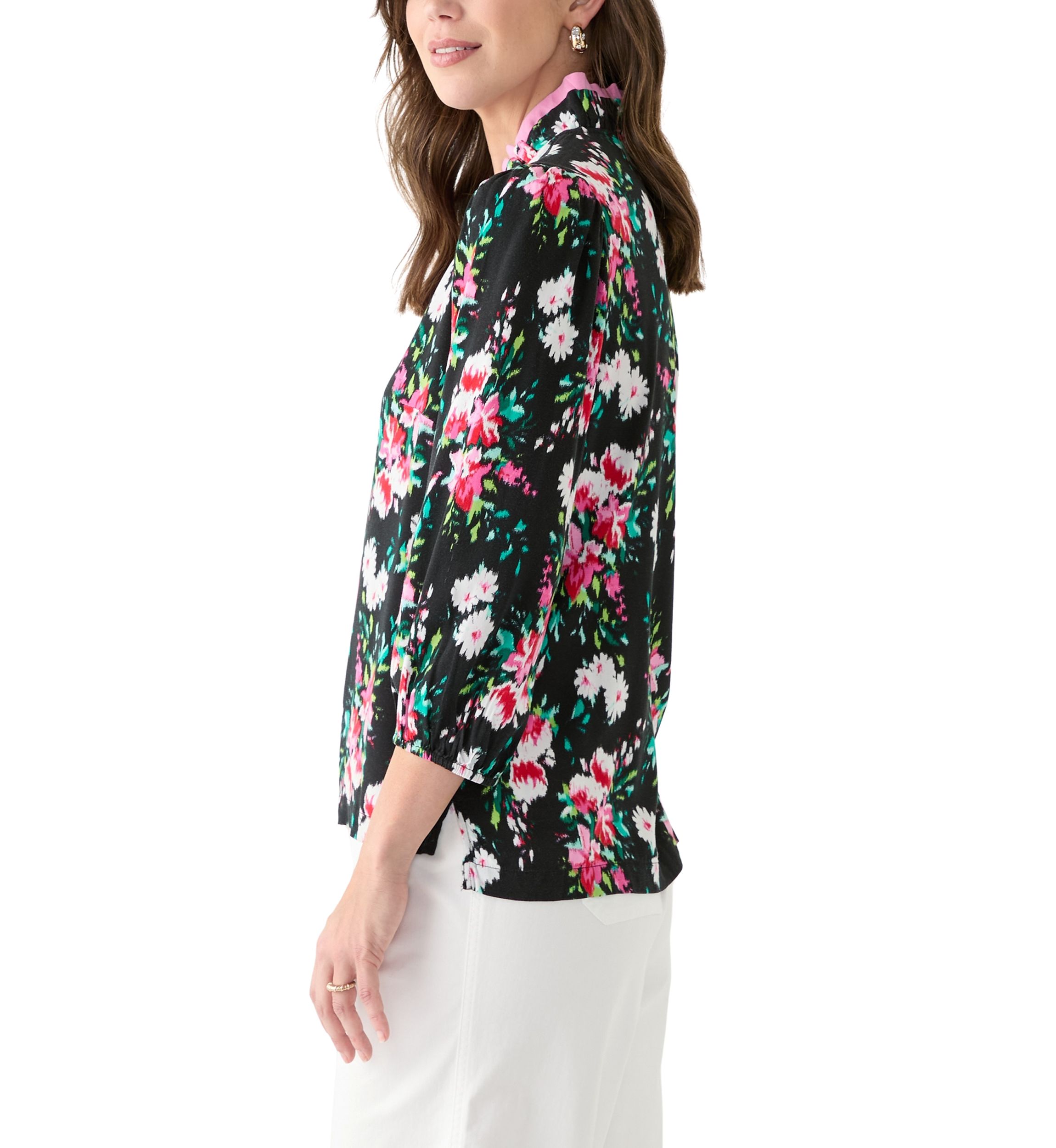 Womens 3/4 Sleeve Double Ruffle Neck Printed Top