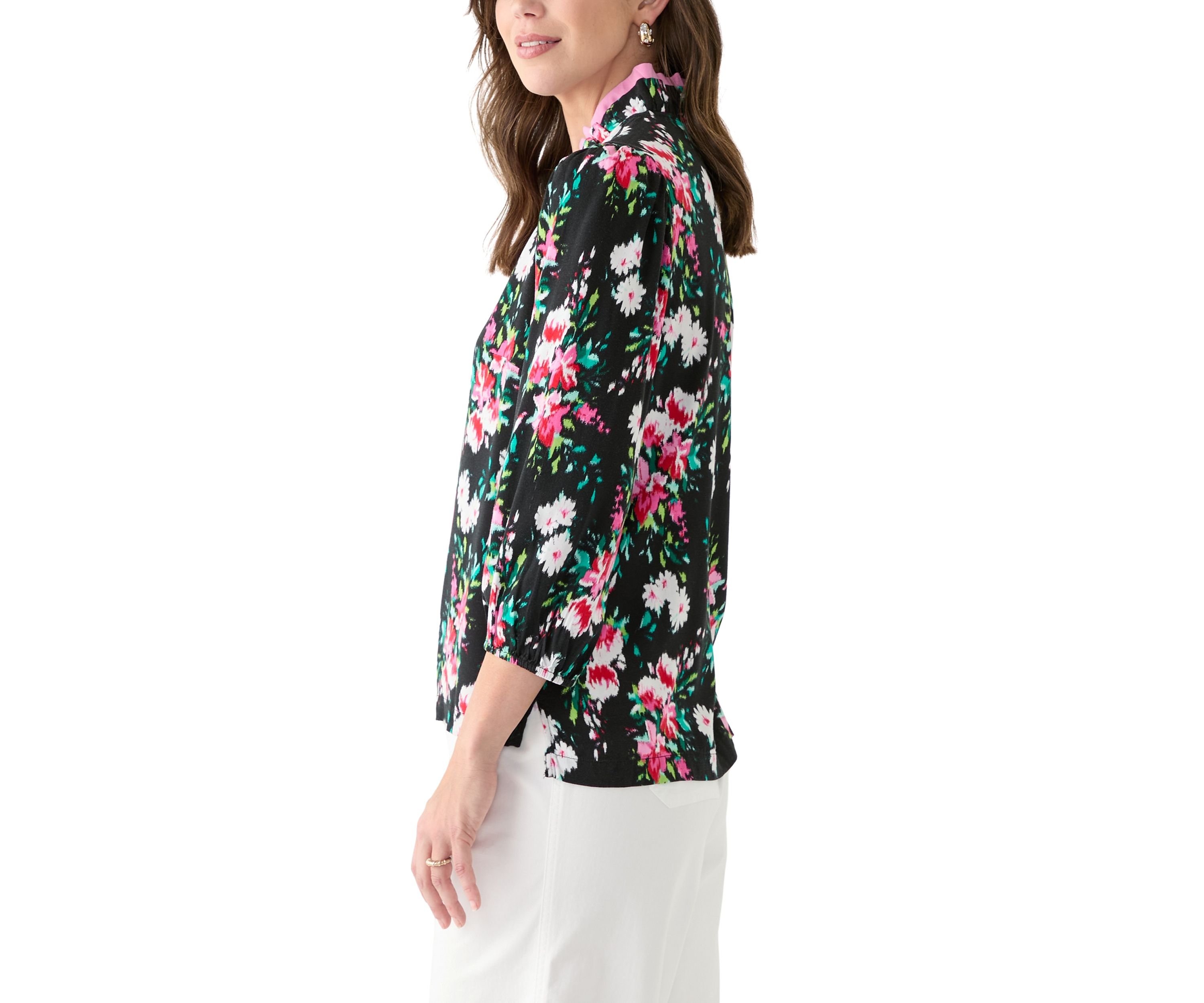 Womens 3/4 Sleeve Double Ruffle Neck Printed Top