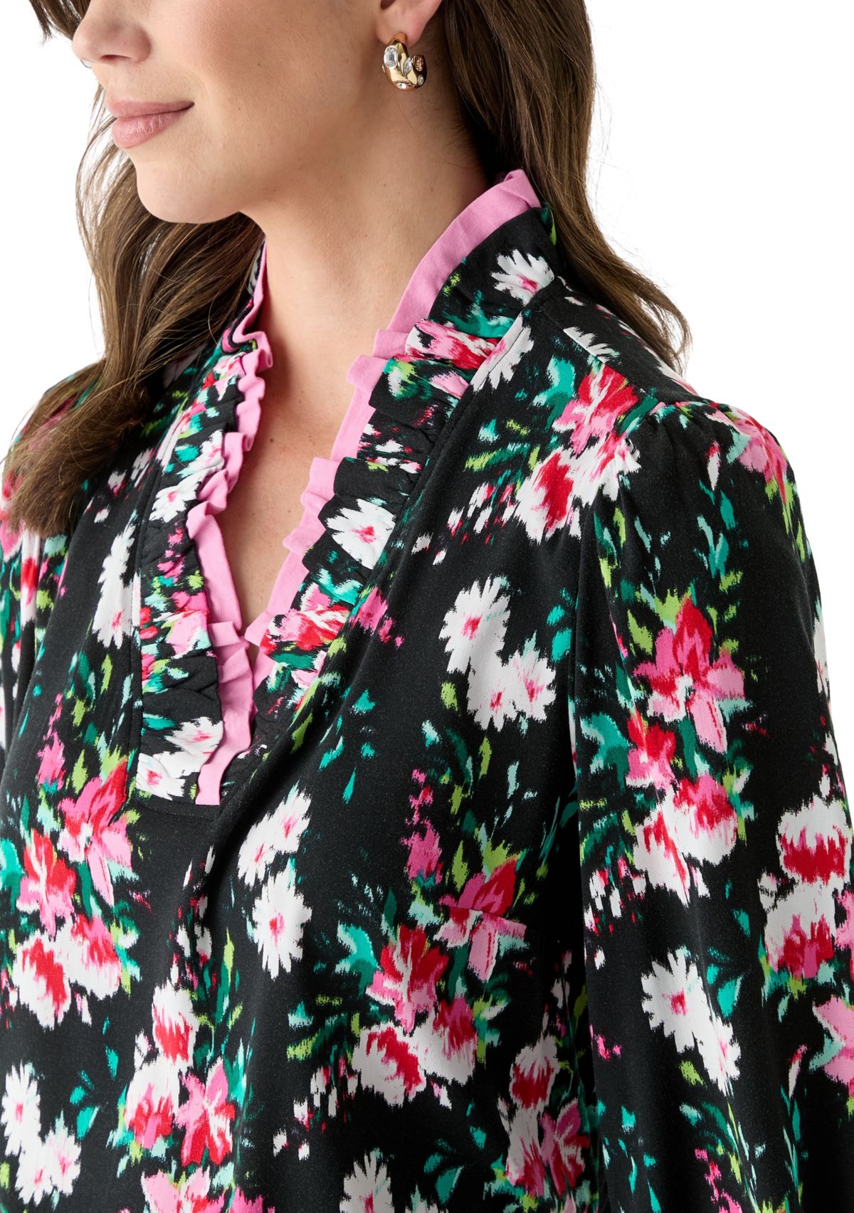 Womens 3/4 Sleeve Double Ruffle Neck Printed Top