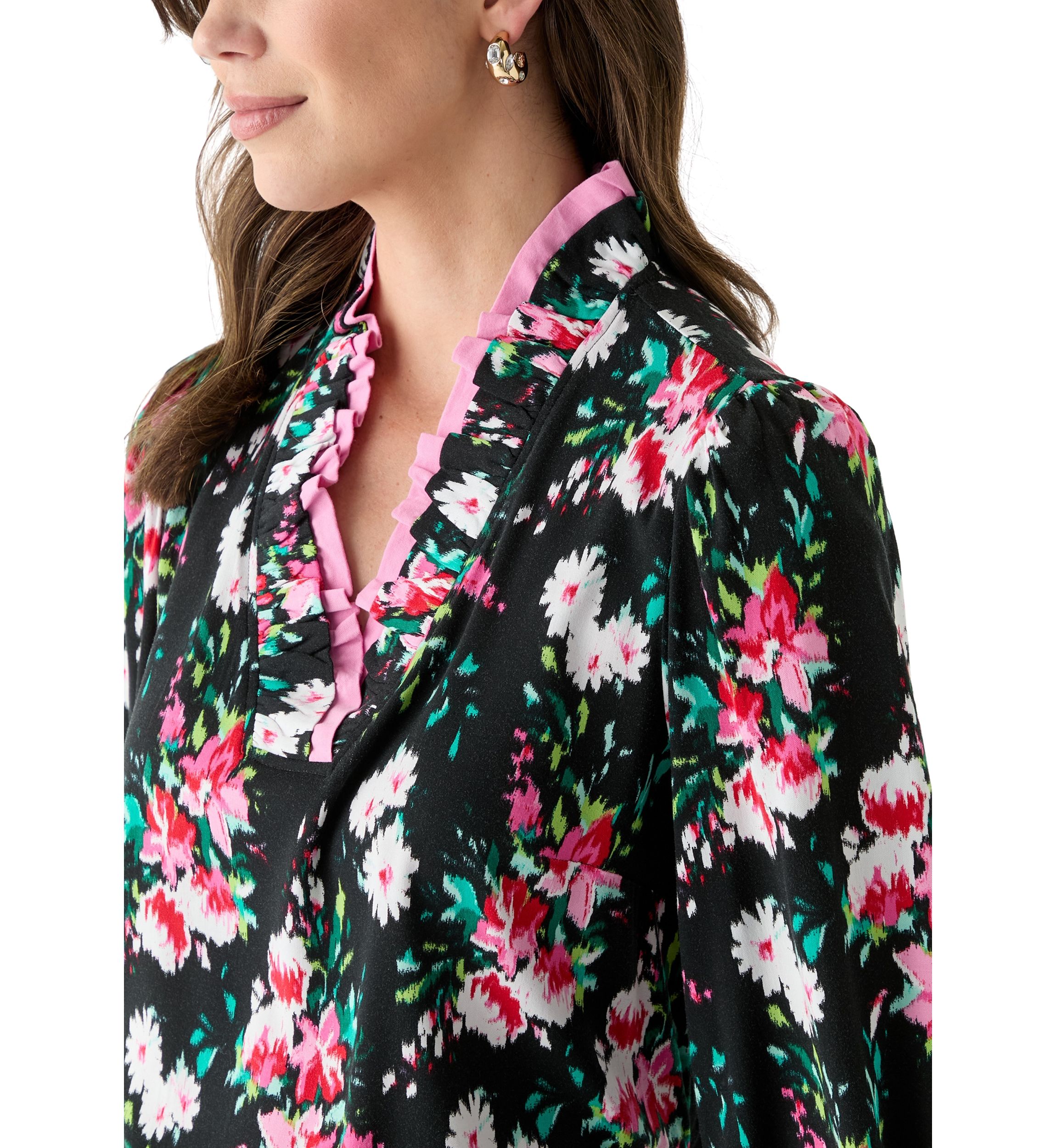 Womens 3/4 Sleeve Double Ruffle Neck Printed Top