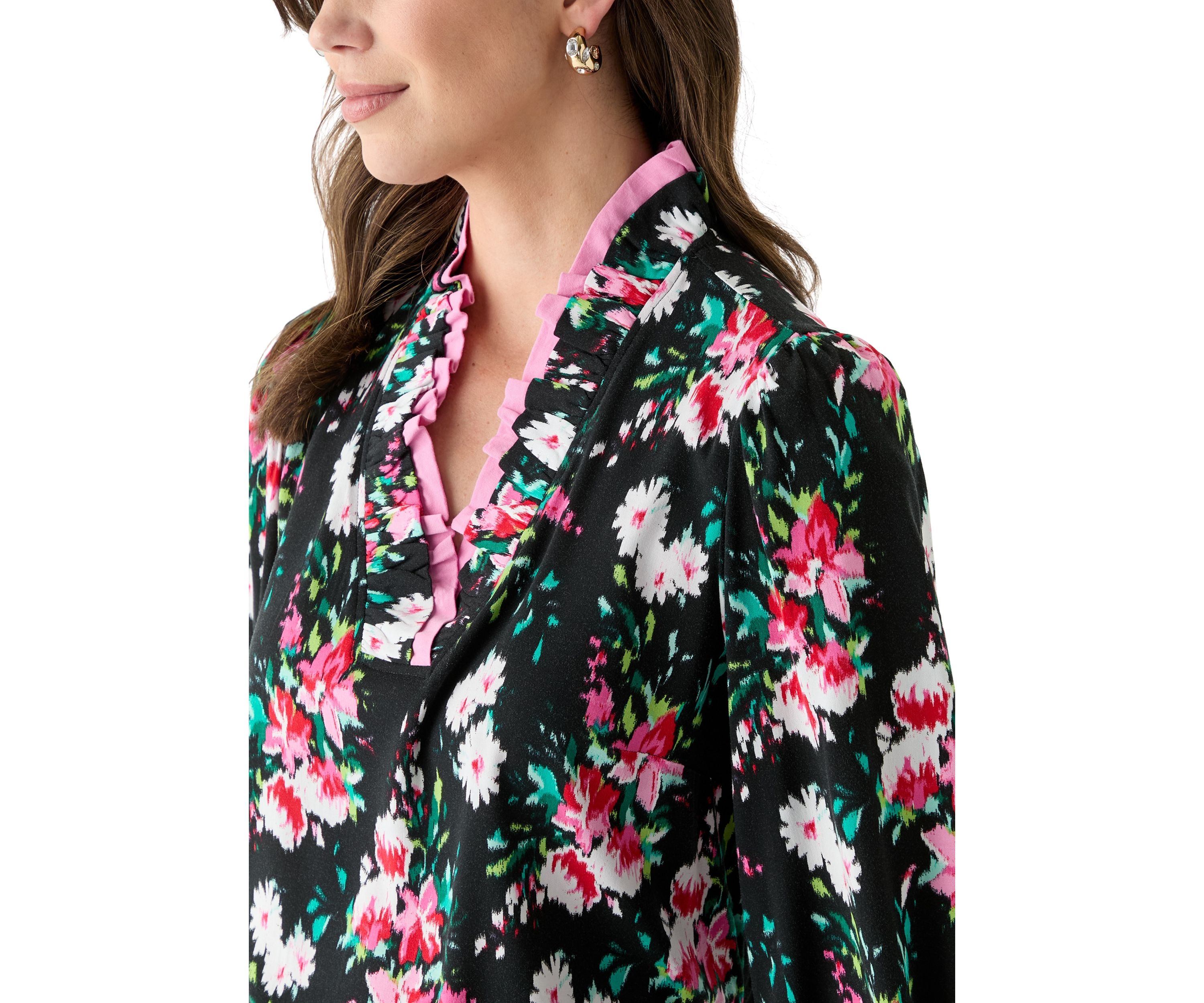 Womens 3/4 Sleeve Double Ruffle Neck Printed Top