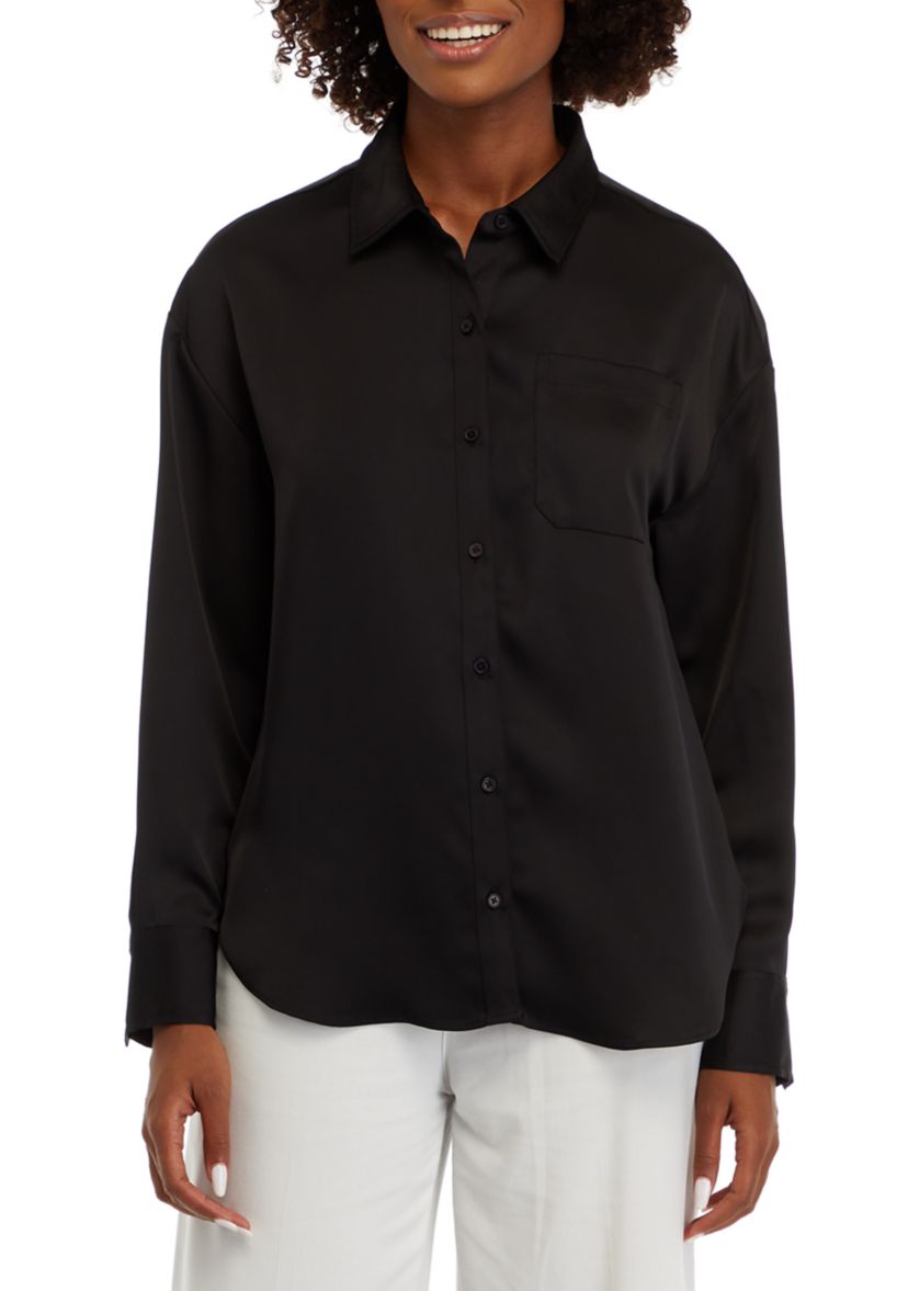 Womens Long Sleeve Button Down Tunic Shirt 