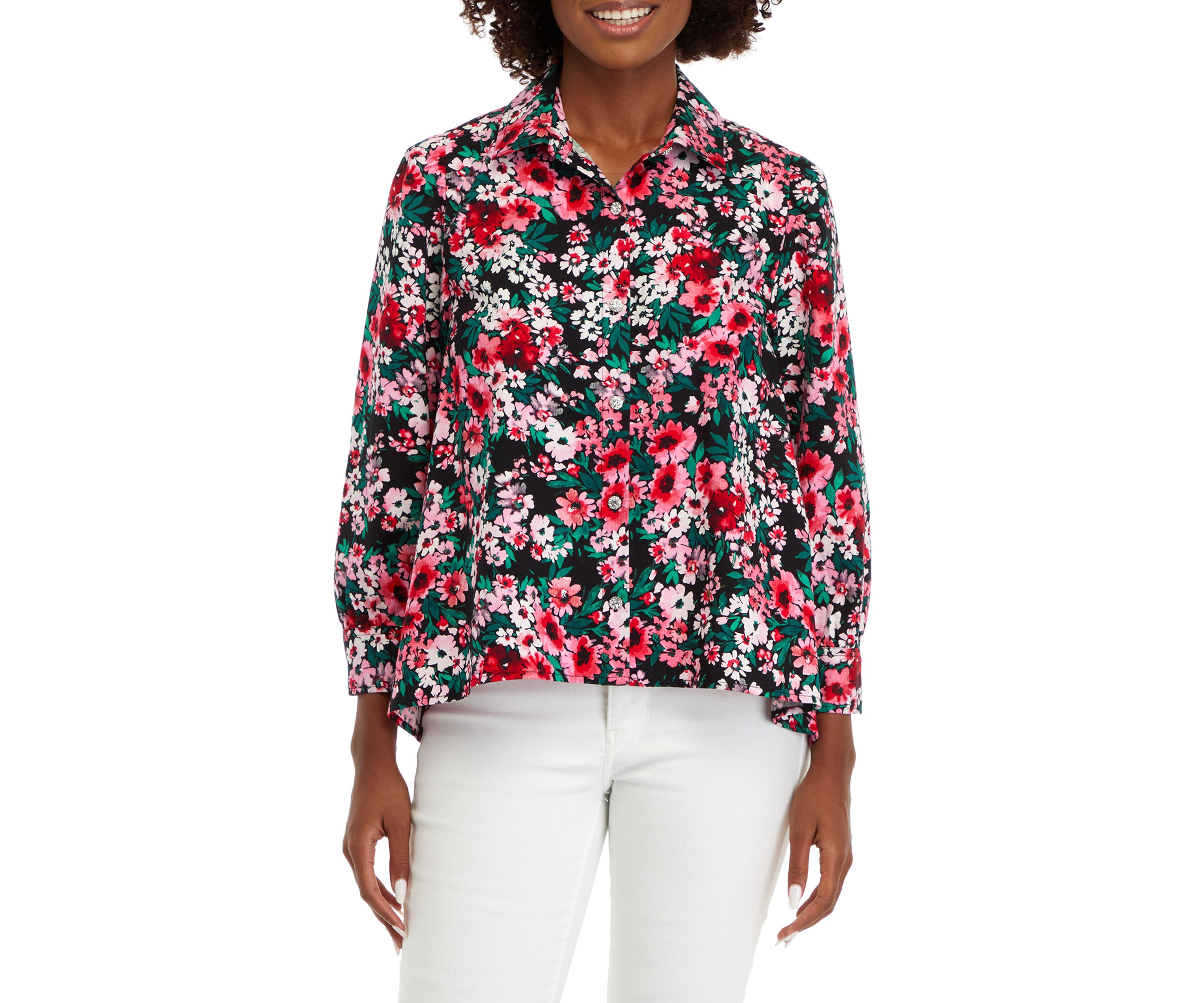 Womens Blouson Sleeve Floral Button Down Shirt 