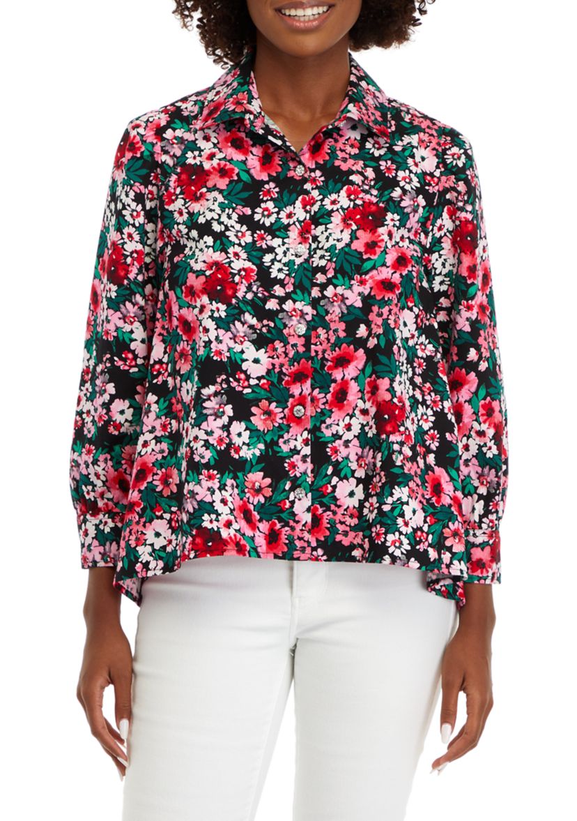 Womens Blouson Sleeve Floral Button Down Shirt 