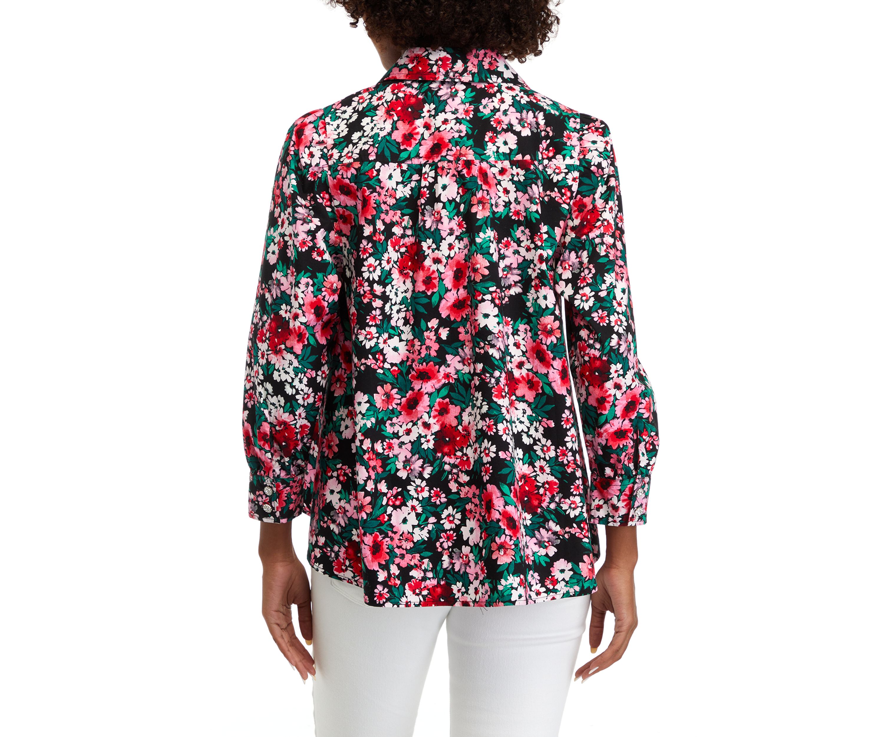 Womens Blouson Sleeve Floral Button Down Shirt 