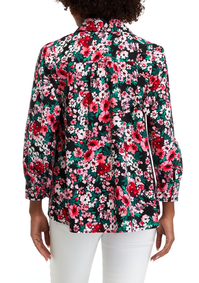 Womens Blouson Sleeve Floral Button Down Shirt 