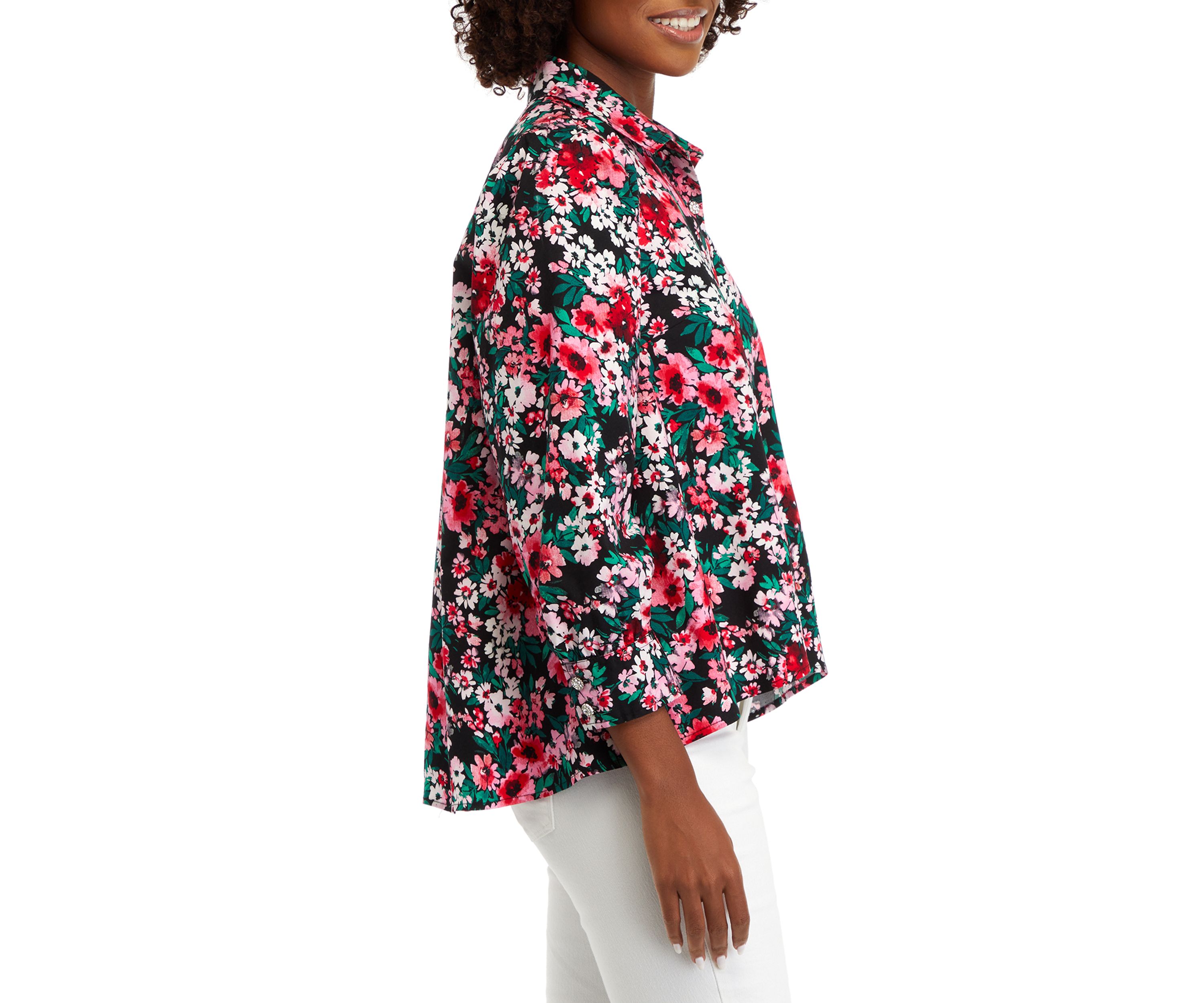 Womens Blouson Sleeve Floral Button Down Shirt 