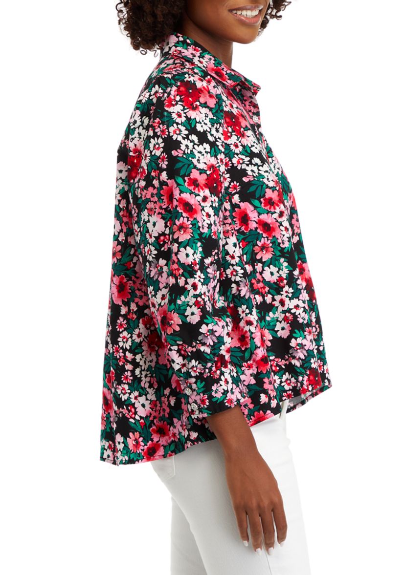 Womens Blouson Sleeve Floral Button Down Shirt 