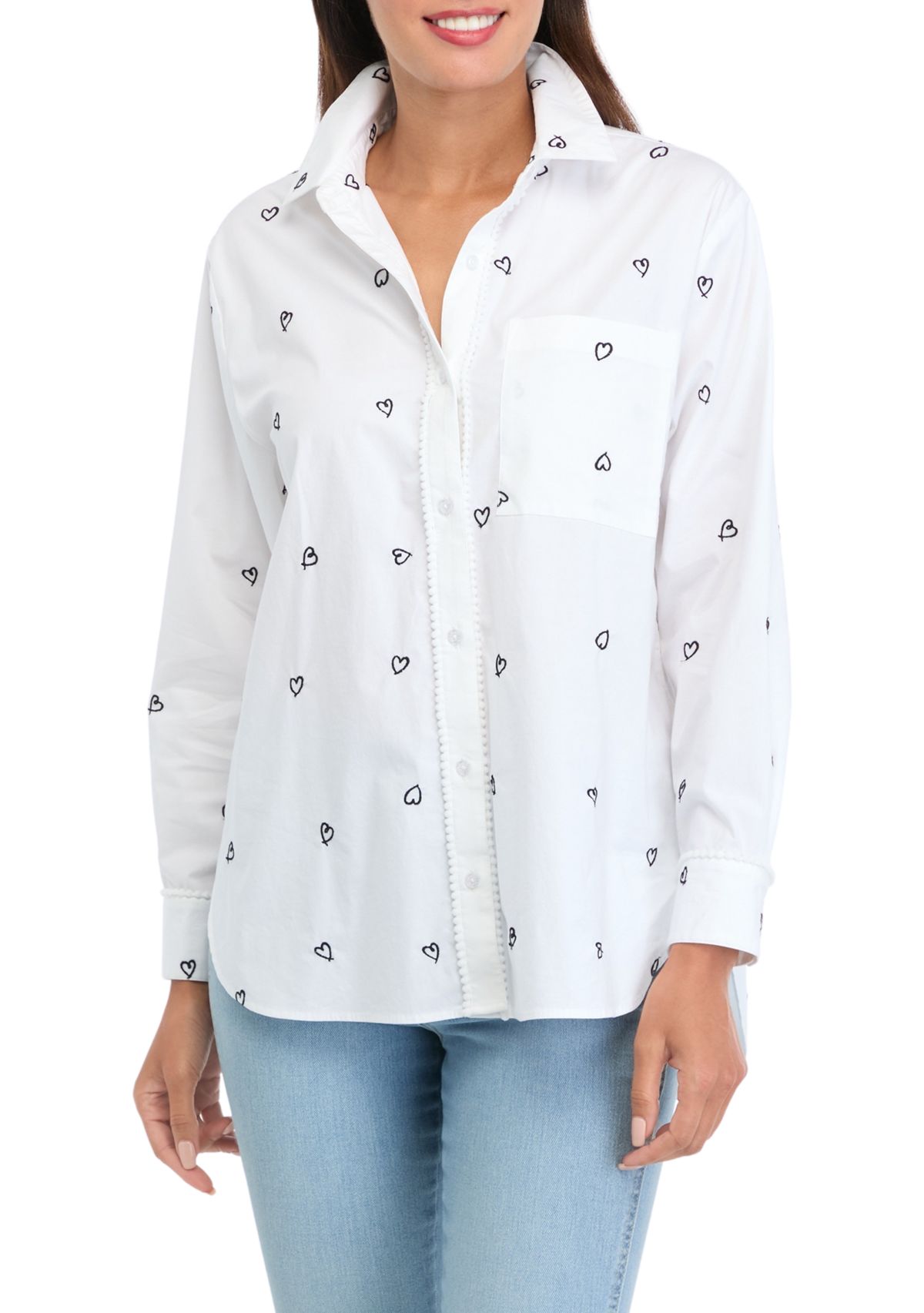 Womens Long Sleeve Embroidered Button Up Tunic Top 