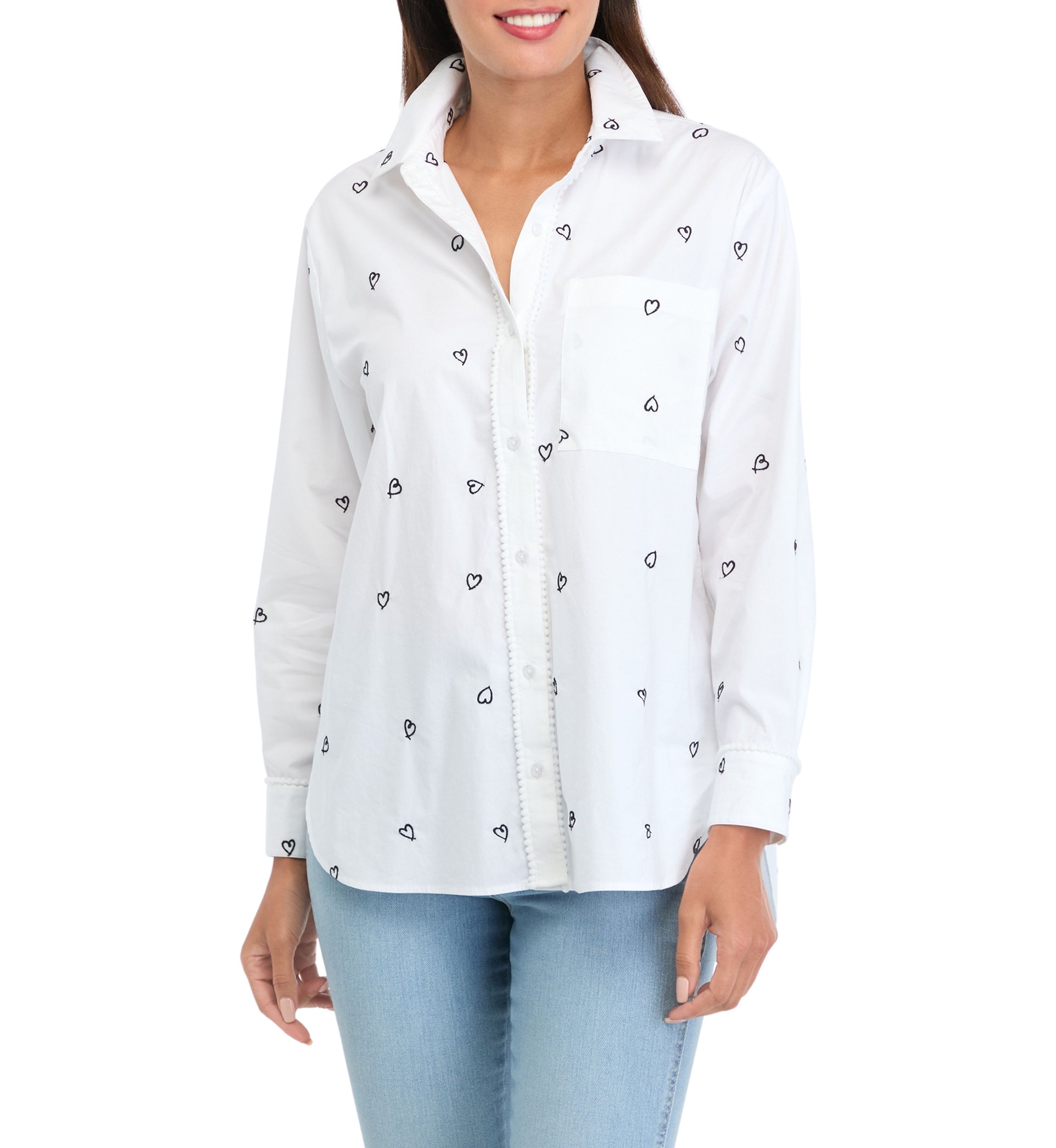 Womens Long Sleeve Embroidered Button Up Tunic Top 