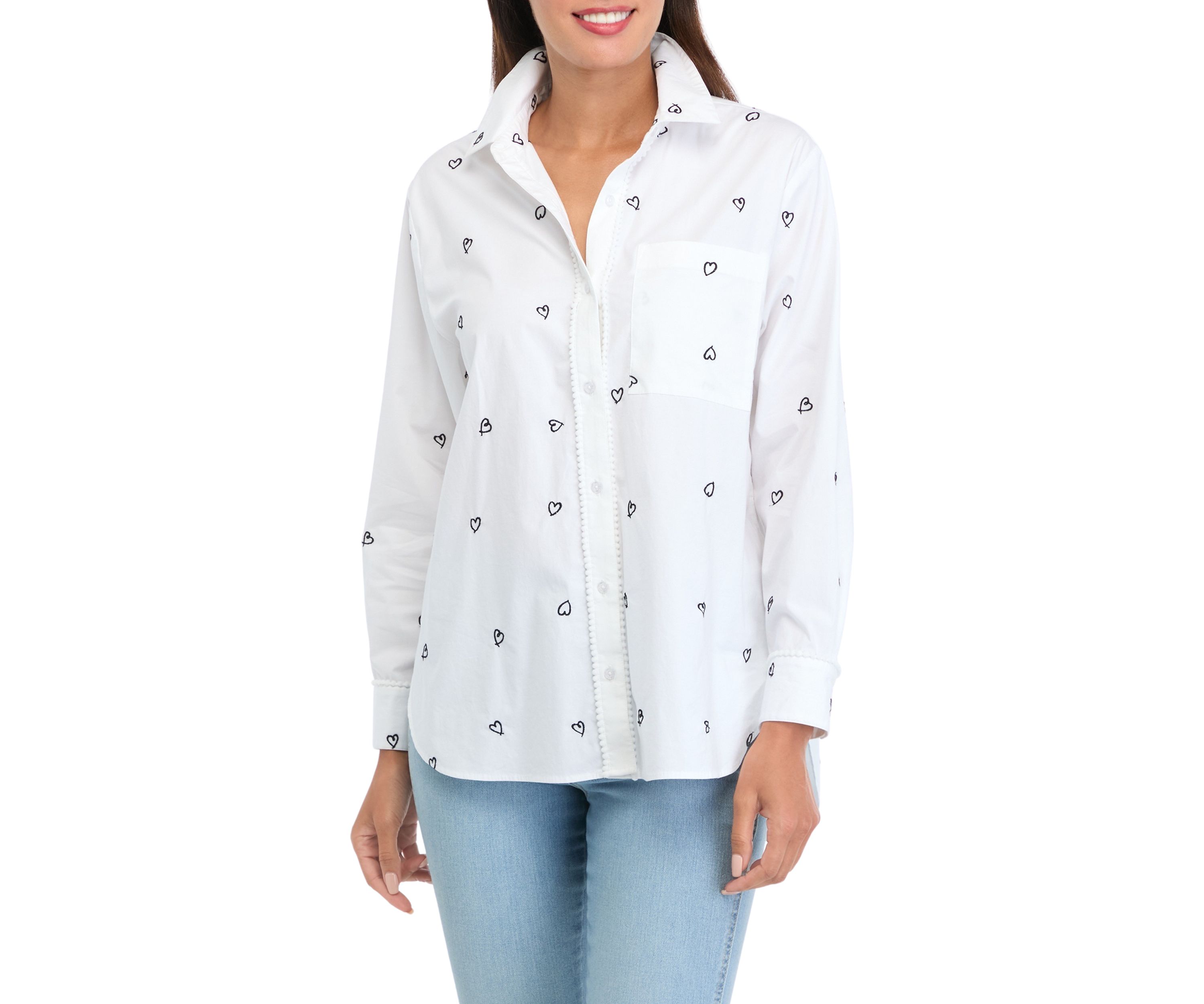 Womens Long Sleeve Embroidered Button Up Tunic Top 