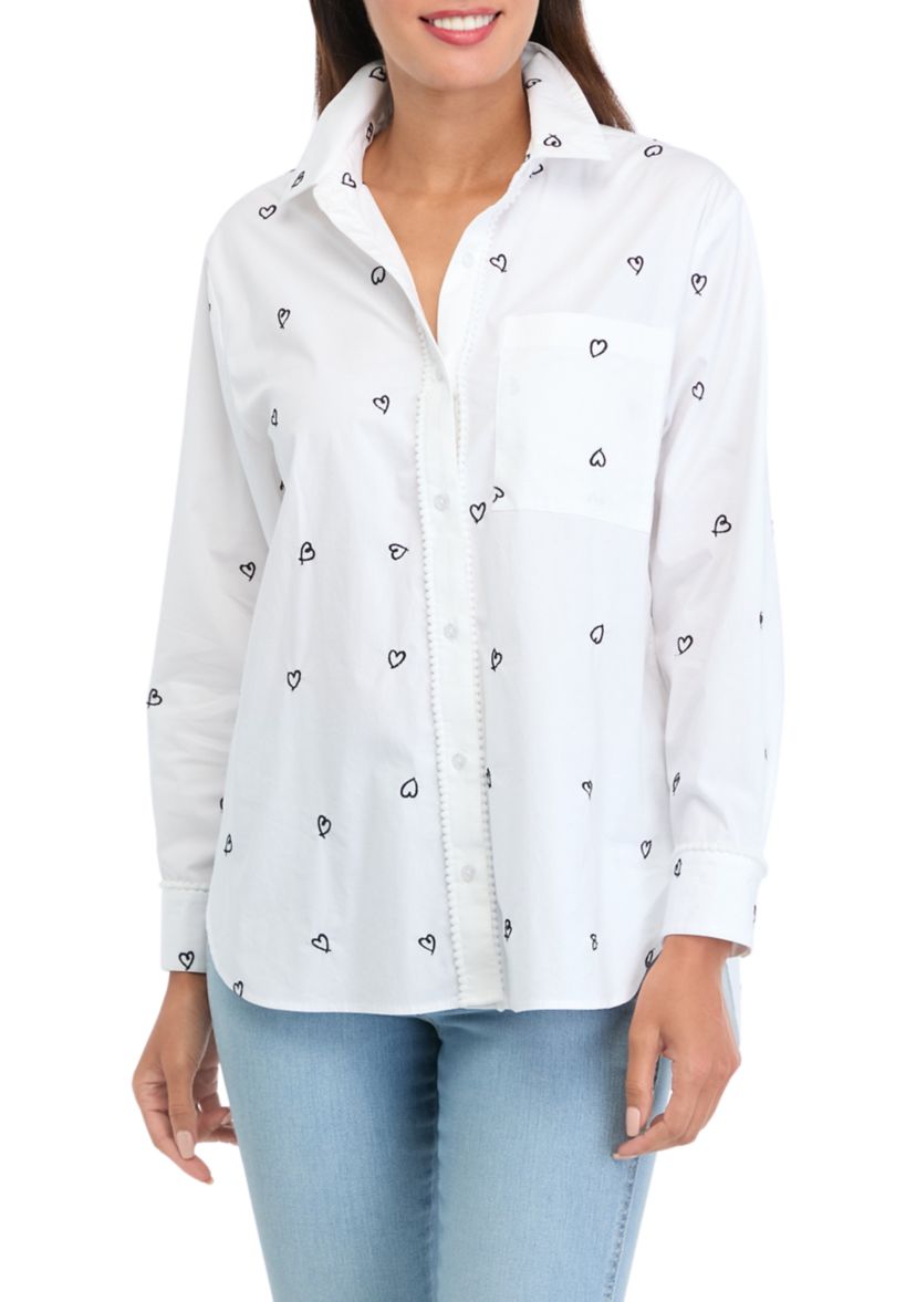 Womens Long Sleeve Embroidered Button Up Tunic Top 