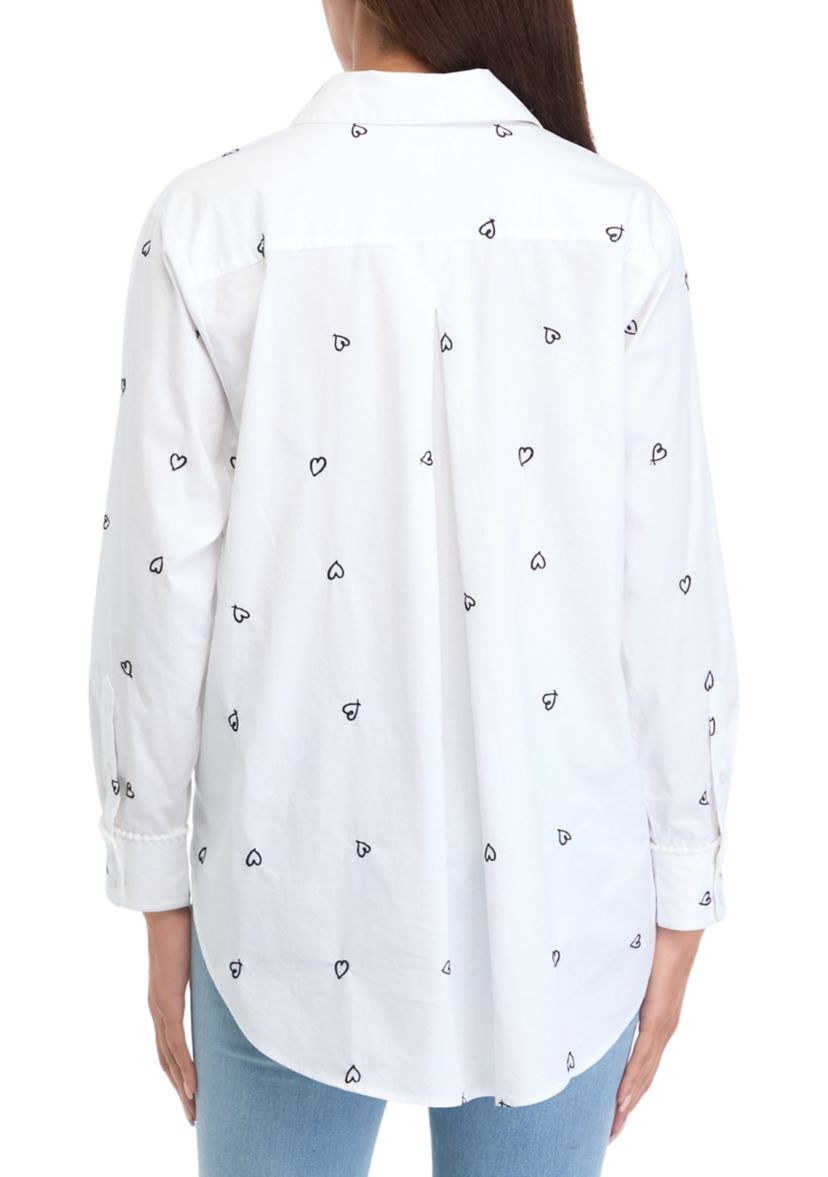 Womens Long Sleeve Embroidered Button Up Tunic Top 