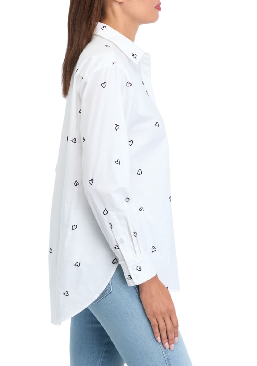 Womens Long Sleeve Embroidered Button Up Tunic Top 