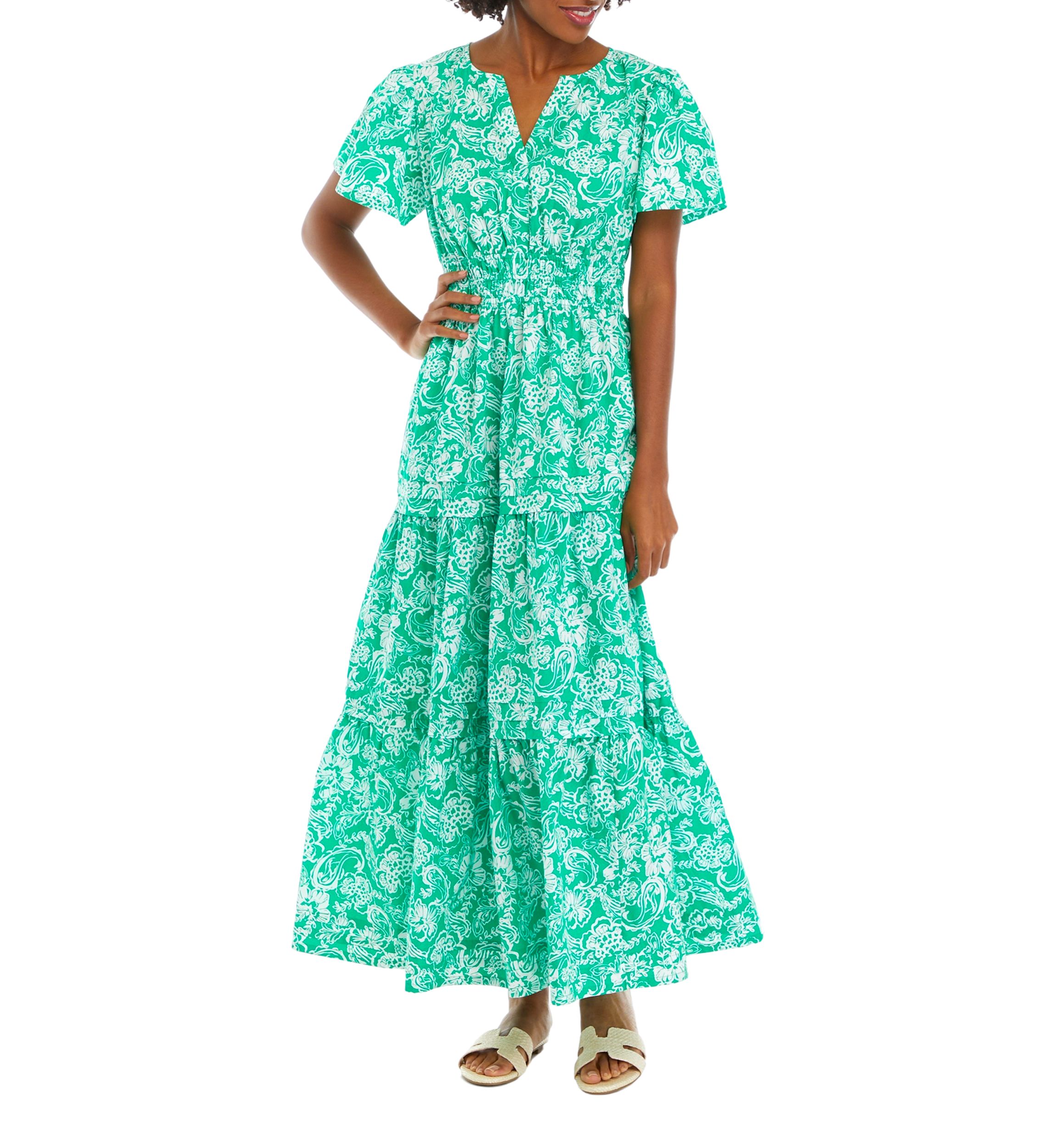 Womens Flutter Sleeve Printed Midi Dress