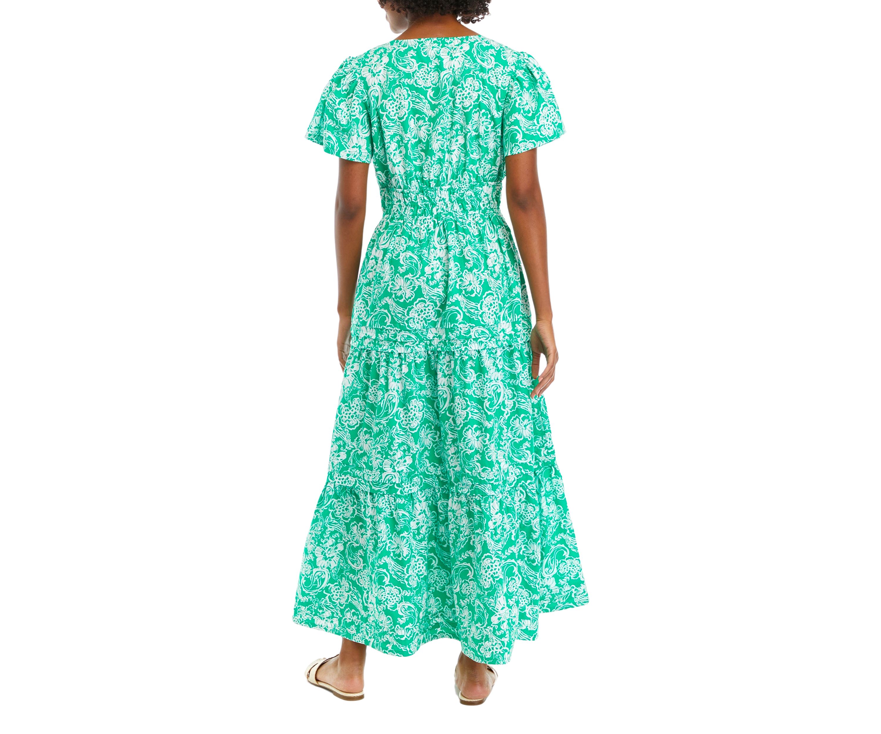 Womens Flutter Sleeve Printed Midi Dress