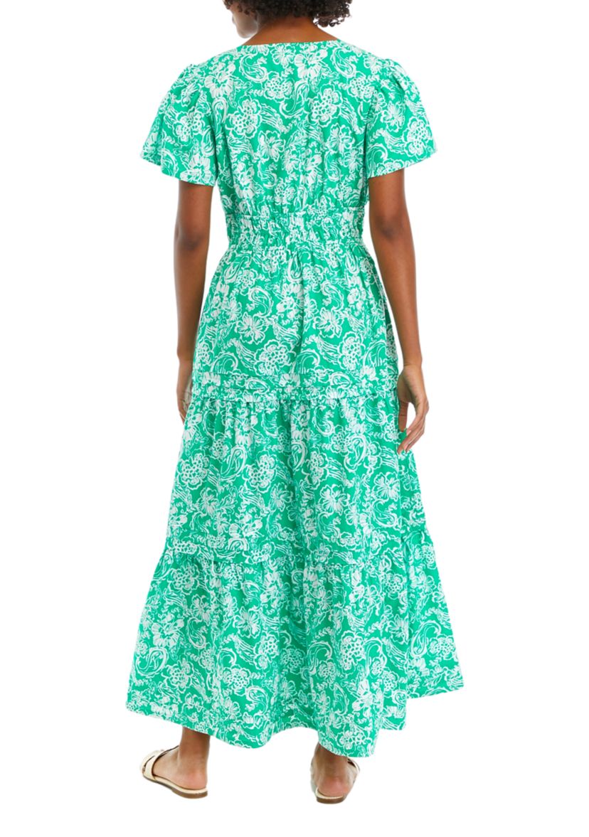 Womens Flutter Sleeve Printed Midi Dress