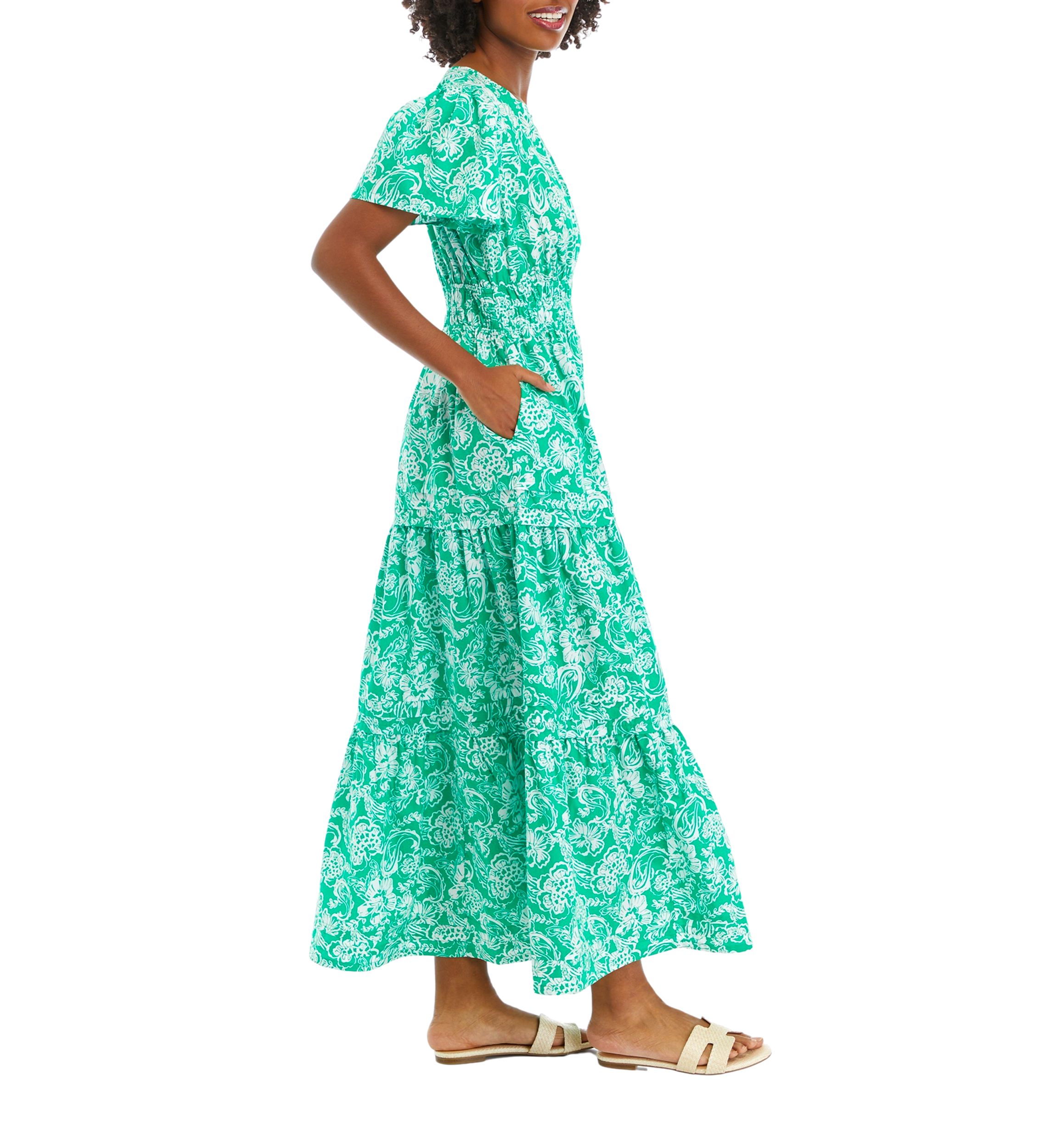 Womens Flutter Sleeve Printed Midi Dress