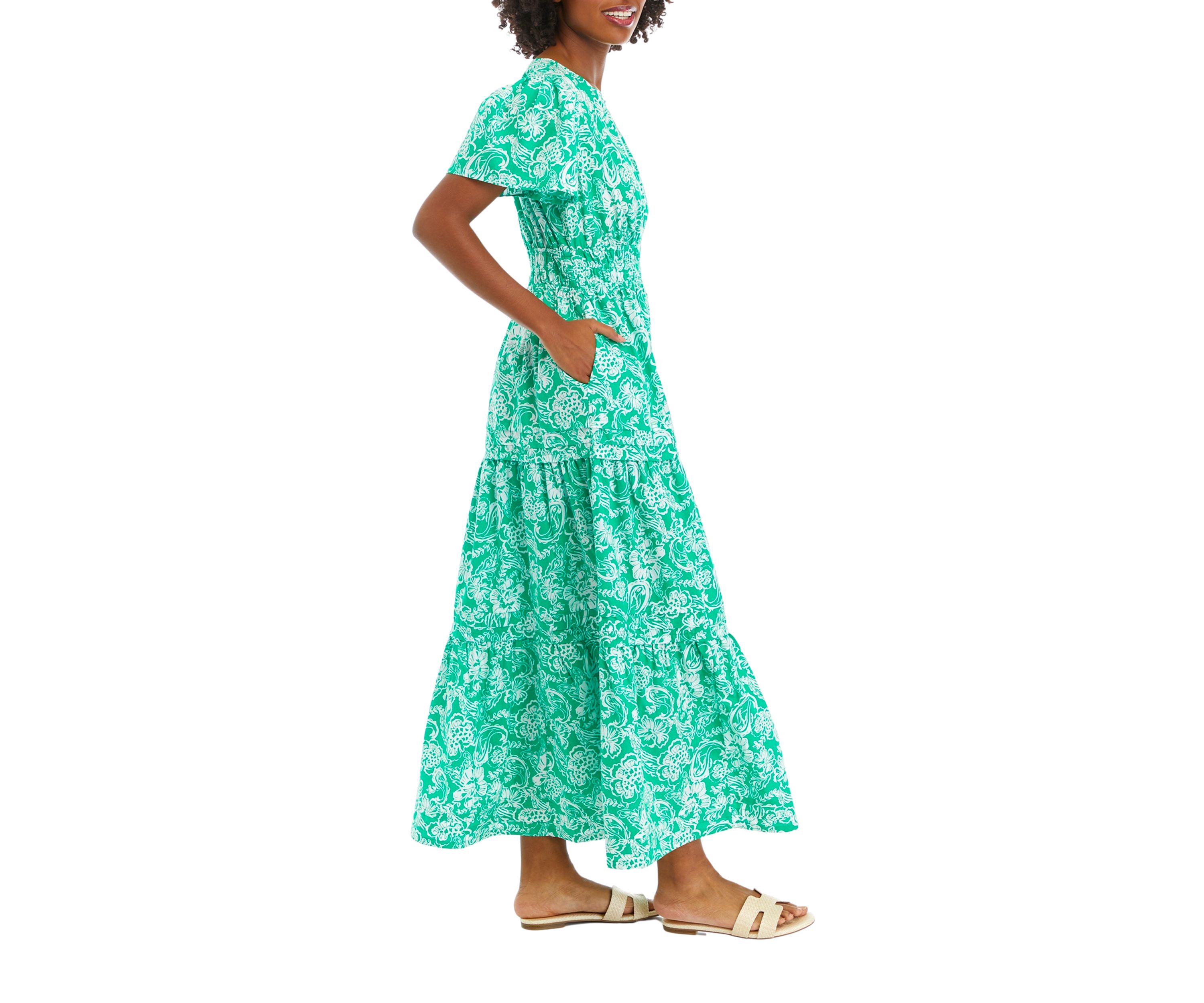 Womens Flutter Sleeve Printed Midi Dress
