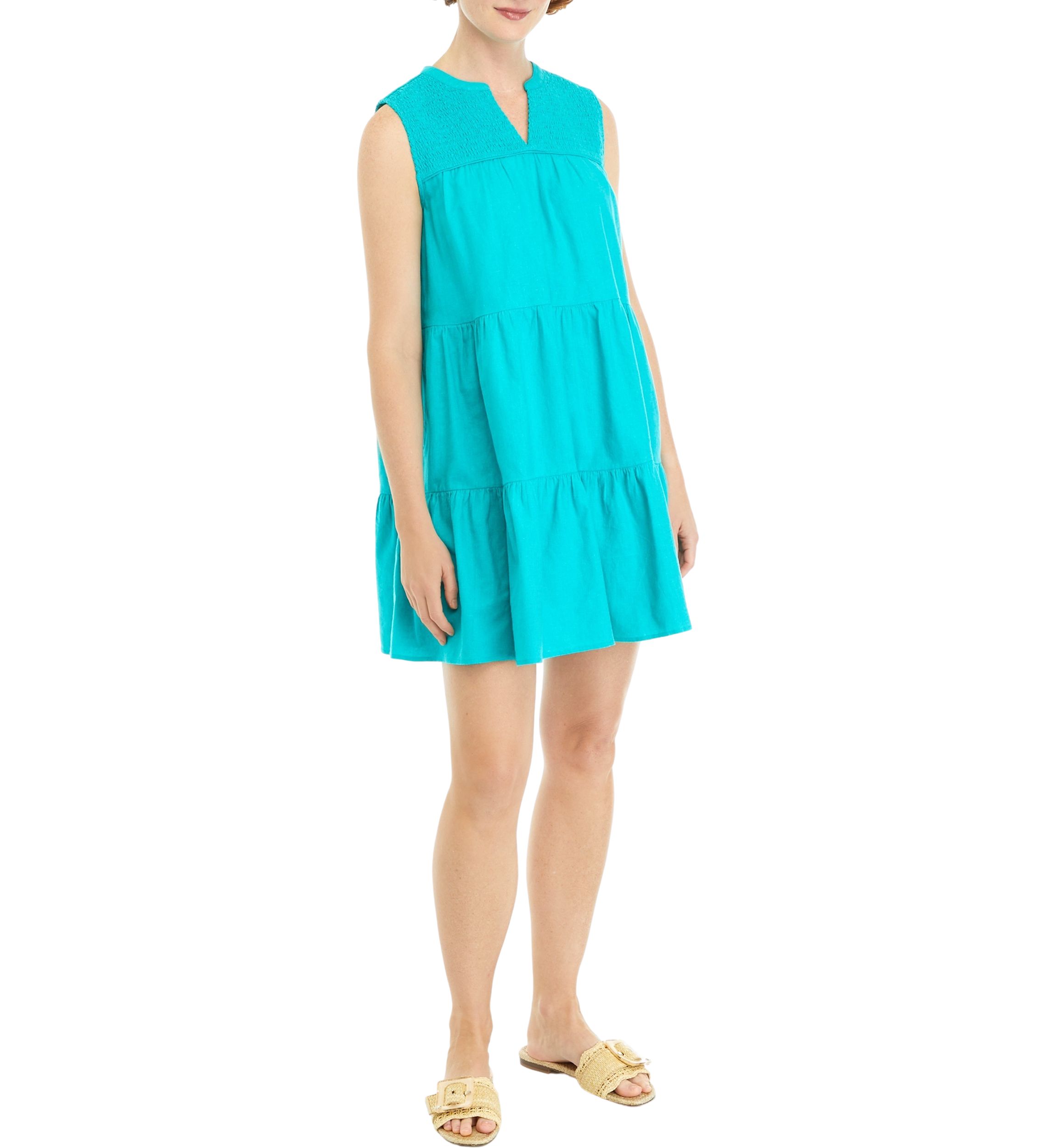 Womens Sleeveless Solid Smocked Peasant Dress