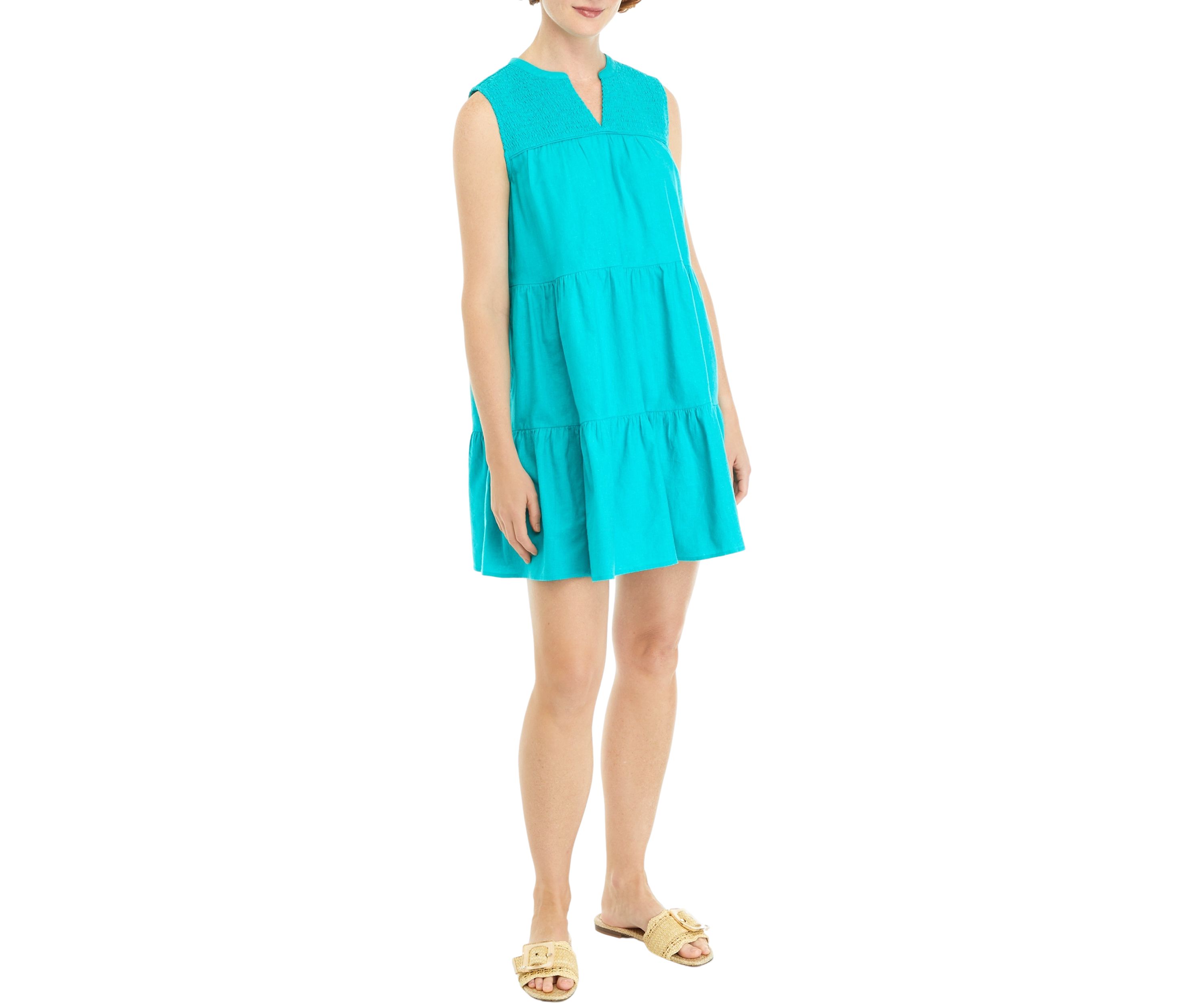 Womens Sleeveless Solid Smocked Peasant Dress
