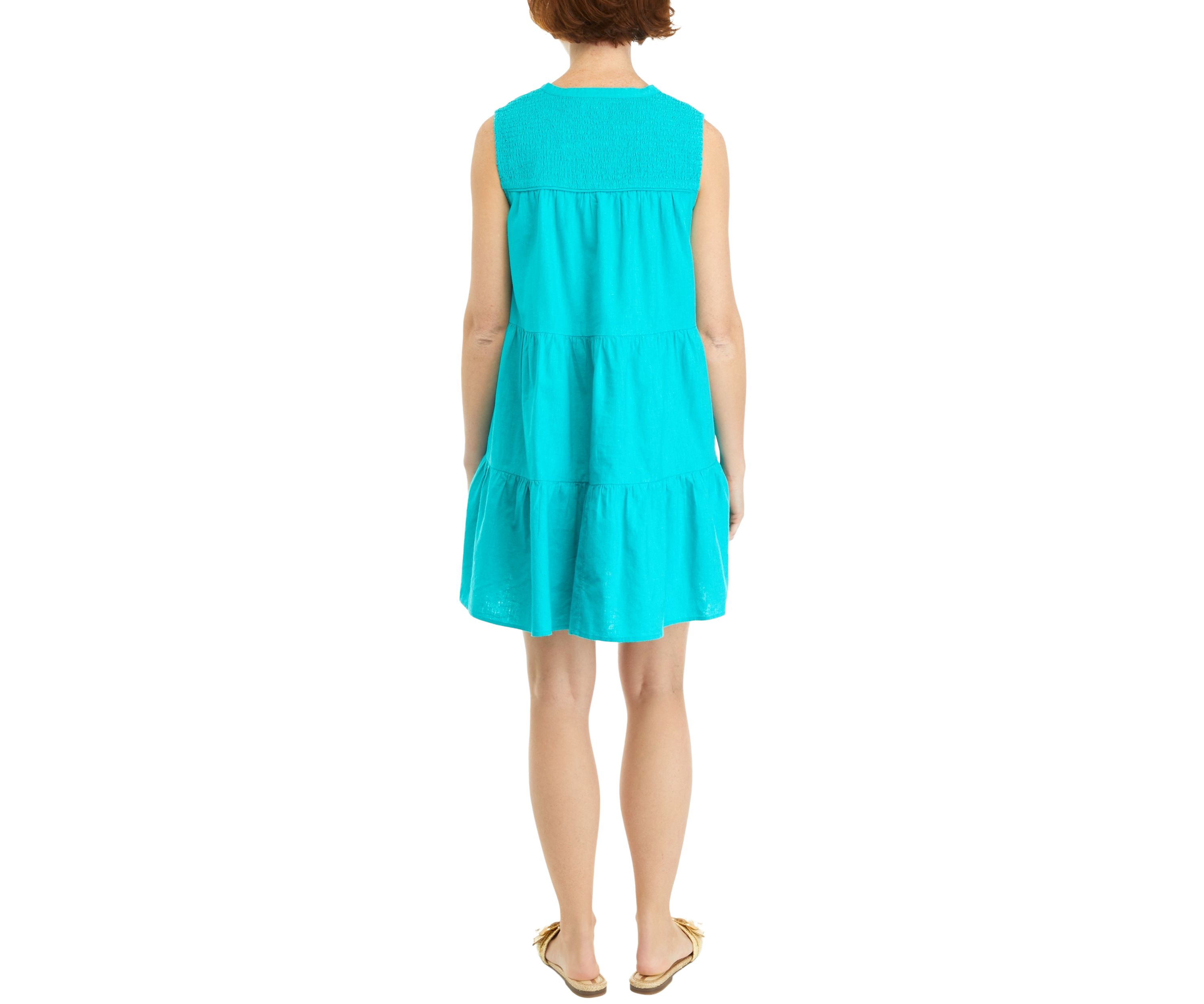 Womens Sleeveless Solid Smocked Peasant Dress