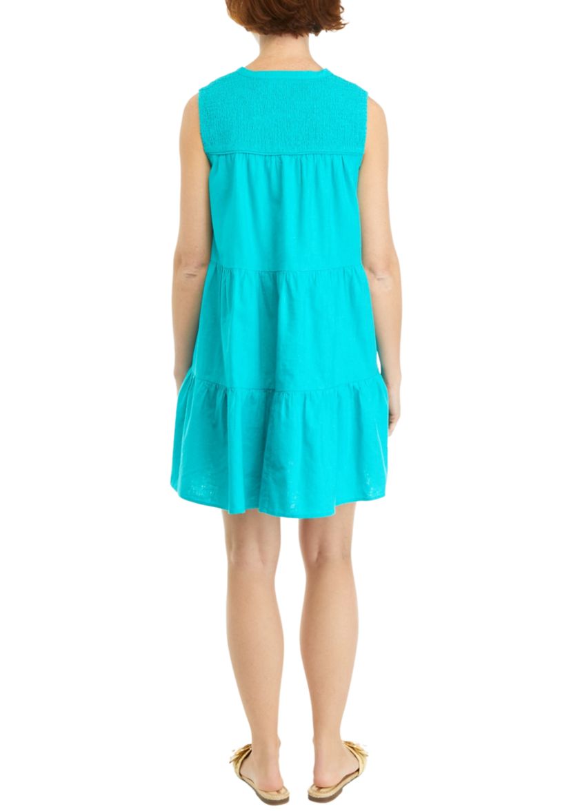 Womens Sleeveless Solid Smocked Peasant Dress