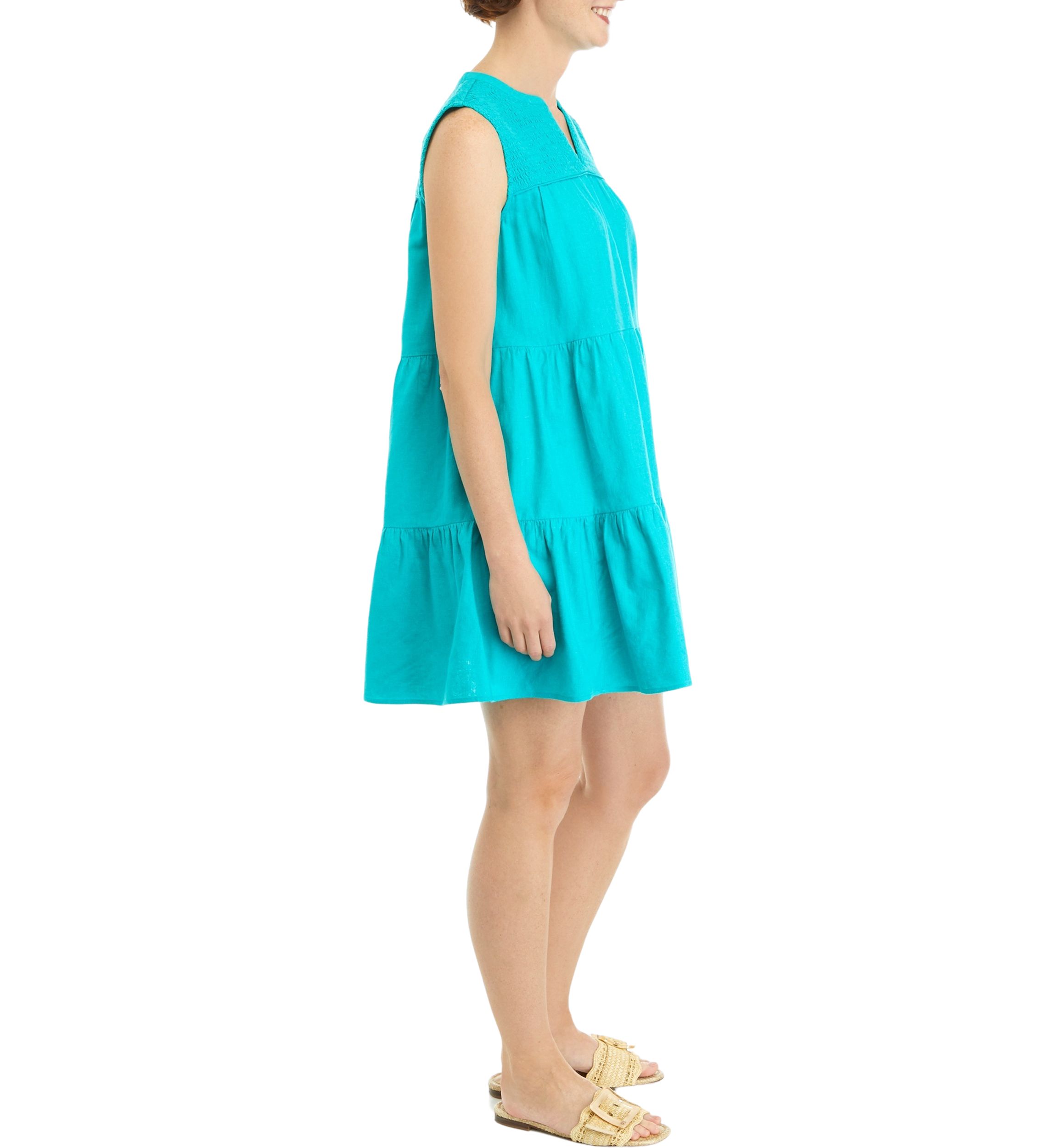 Womens Sleeveless Solid Smocked Peasant Dress