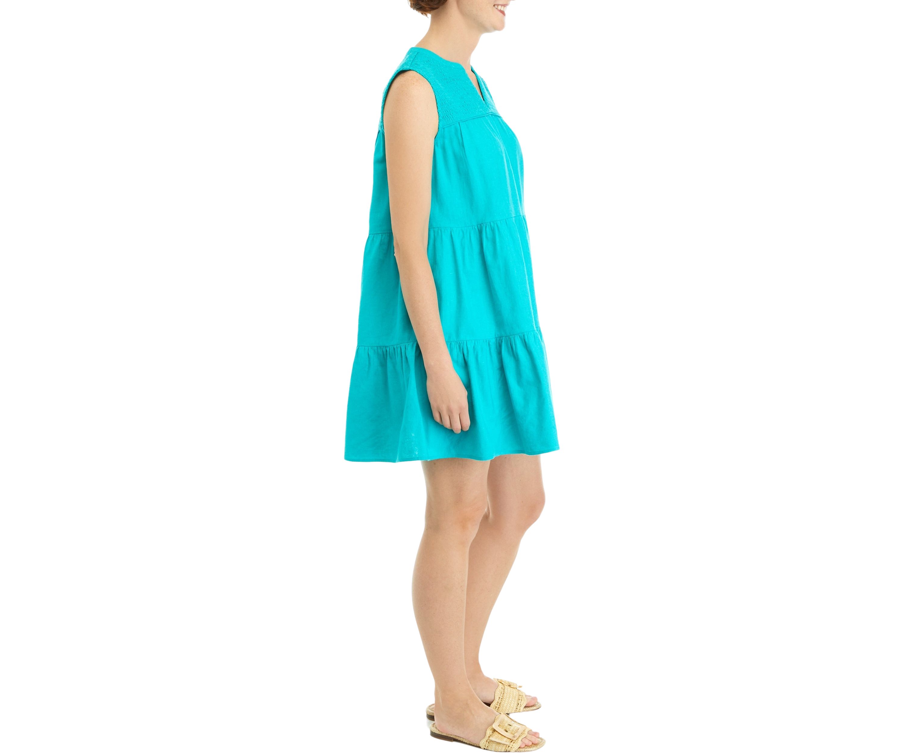 Womens Sleeveless Solid Smocked Peasant Dress