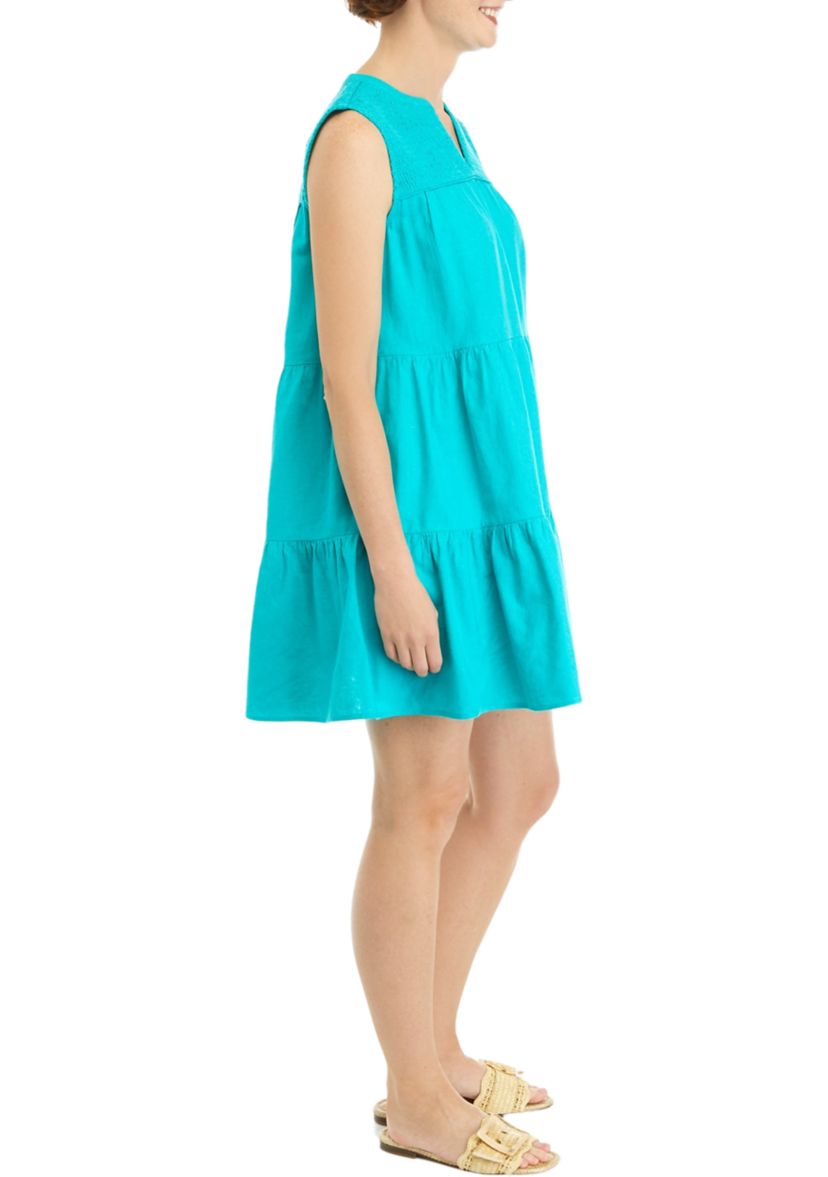 Womens Sleeveless Solid Smocked Peasant Dress