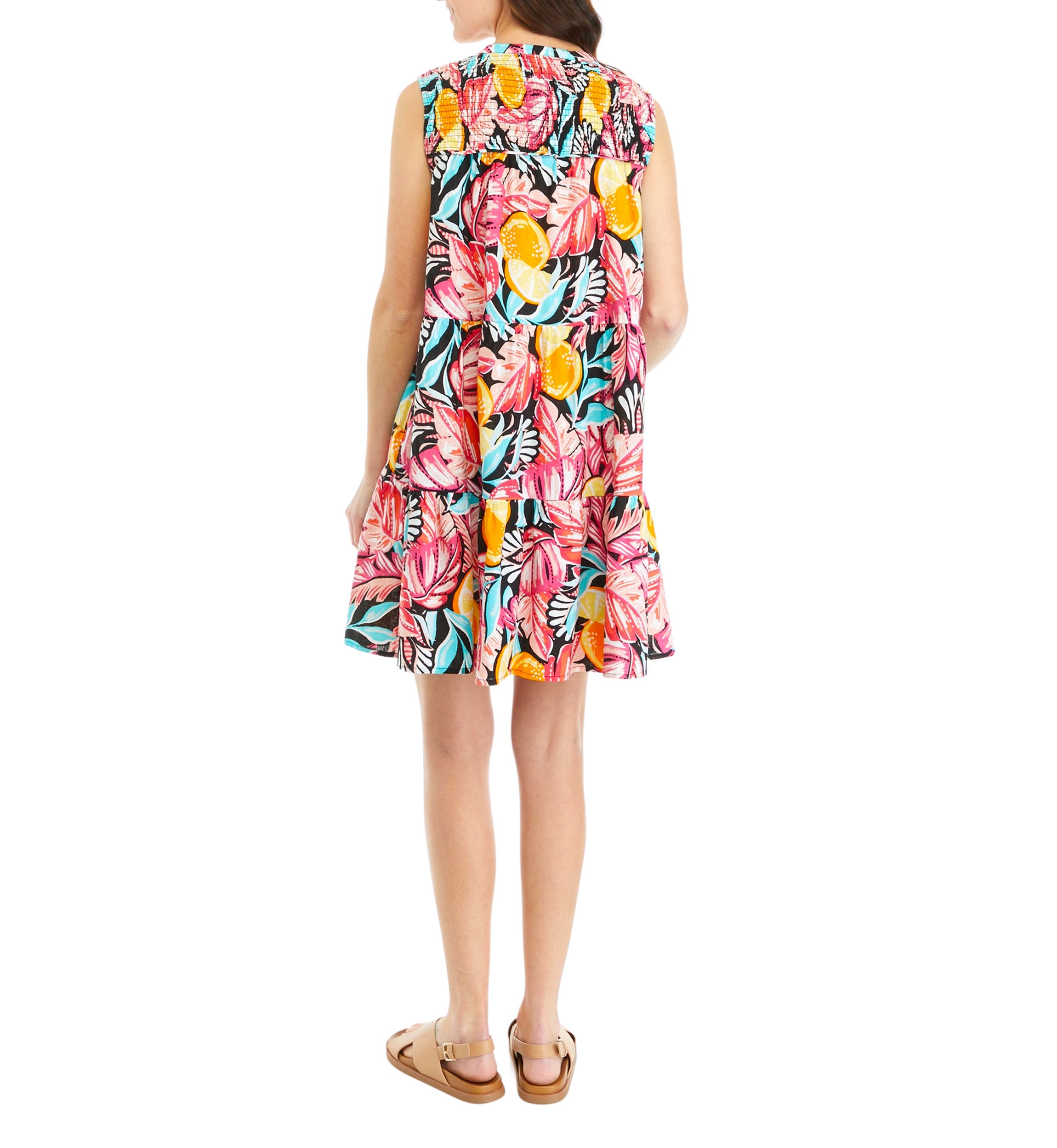 Womens Sleeveless Smocked Printed Peasant Dress