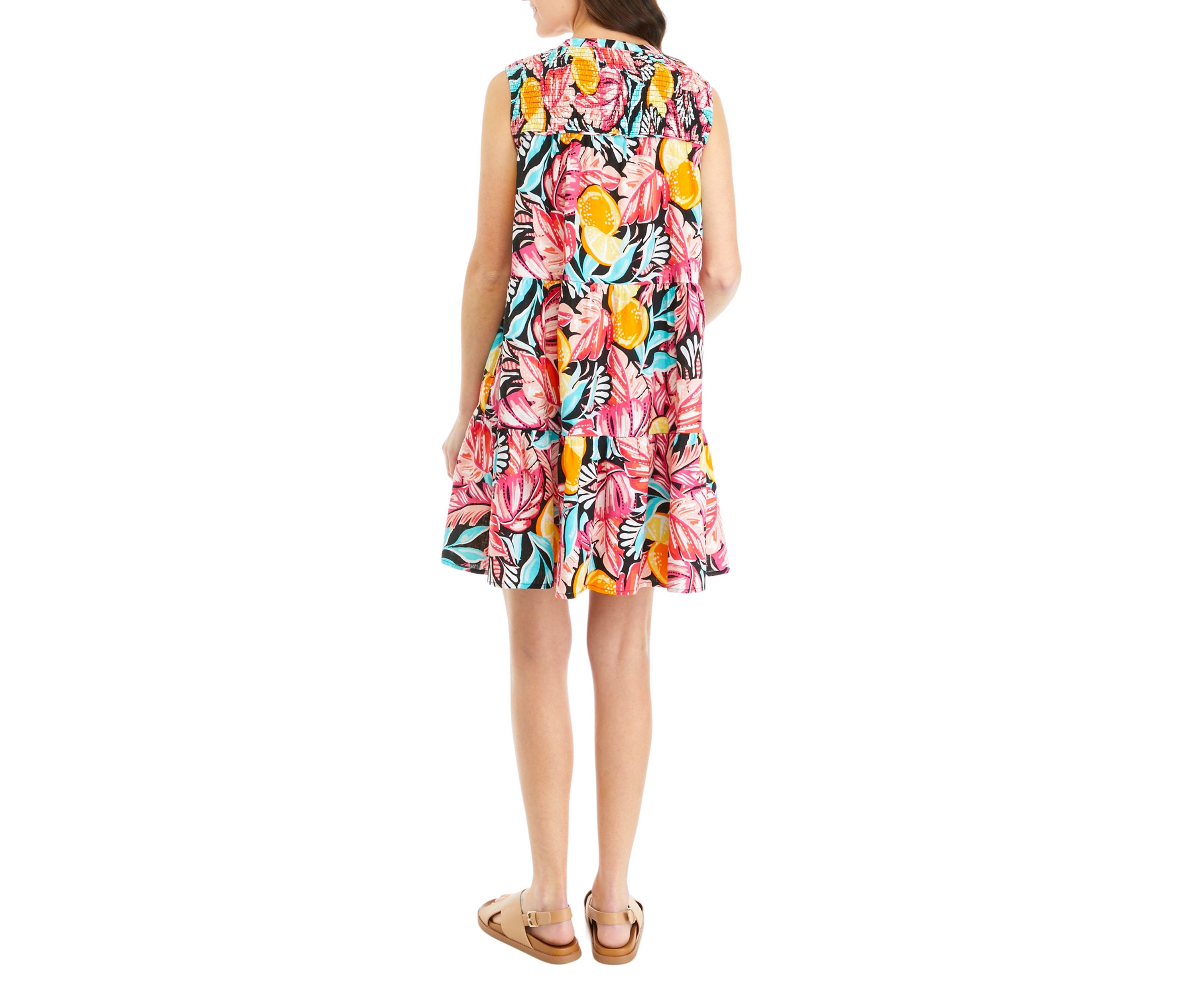 Womens Sleeveless Smocked Printed Peasant Dress