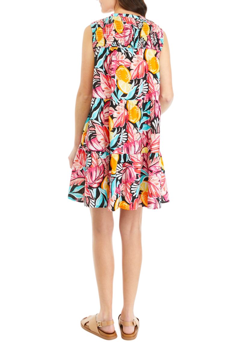 Womens Sleeveless Smocked Printed Peasant Dress