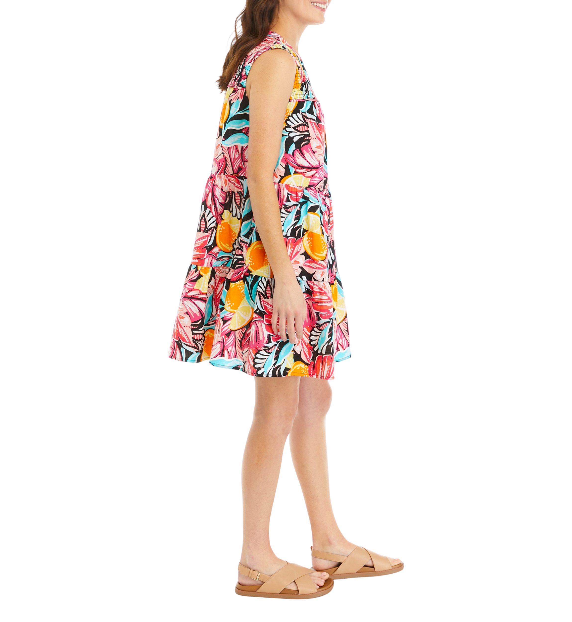 Womens Sleeveless Smocked Printed Peasant Dress