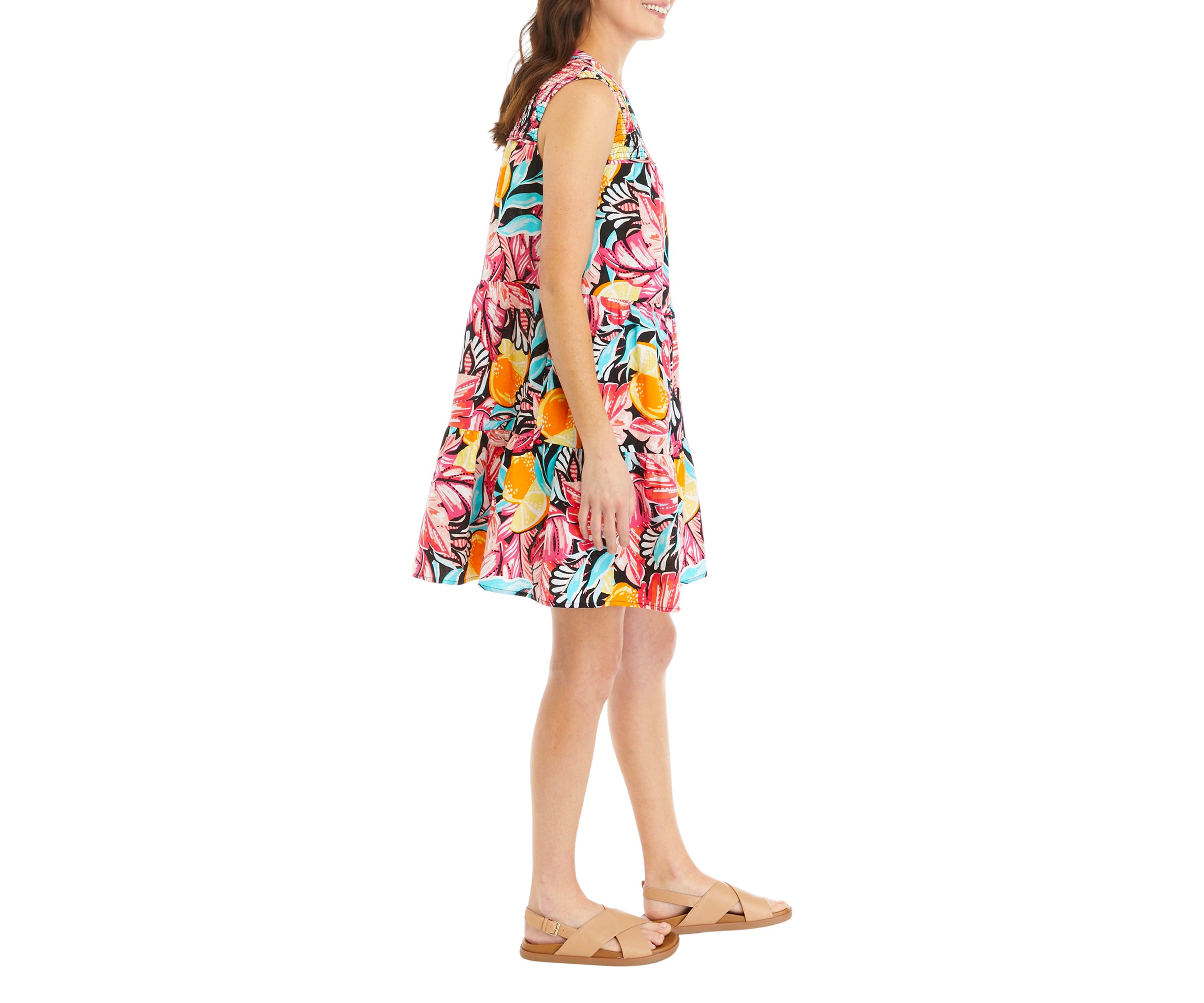 Womens Sleeveless Smocked Printed Peasant Dress
