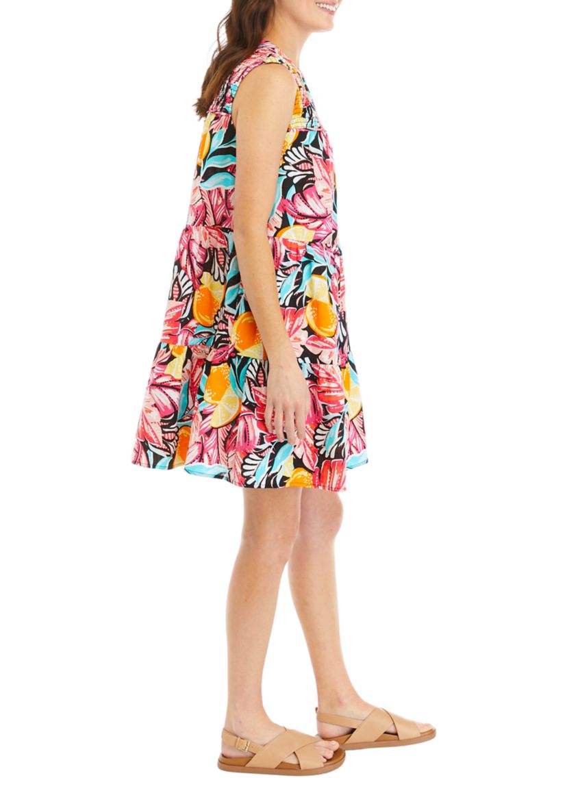 Womens Sleeveless Smocked Printed Peasant Dress