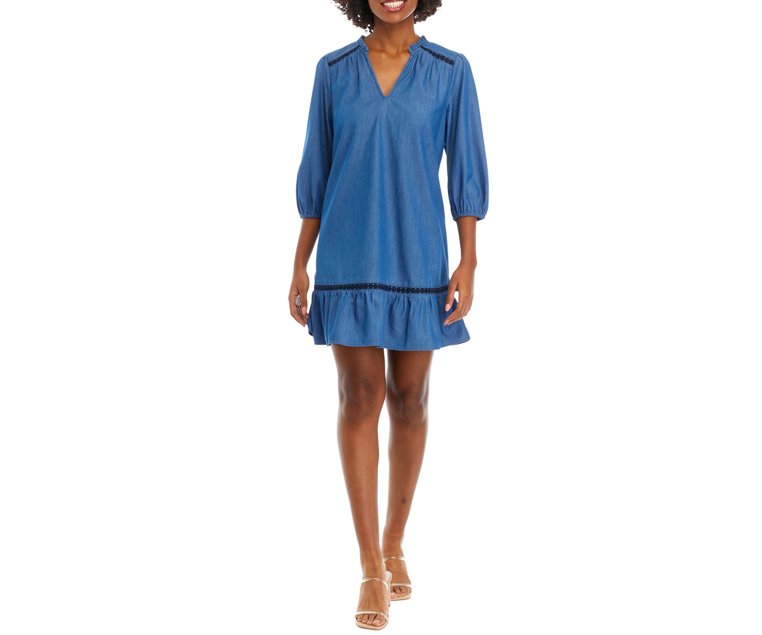 Womens Blouson Sleeve Ruffle Neck Dress