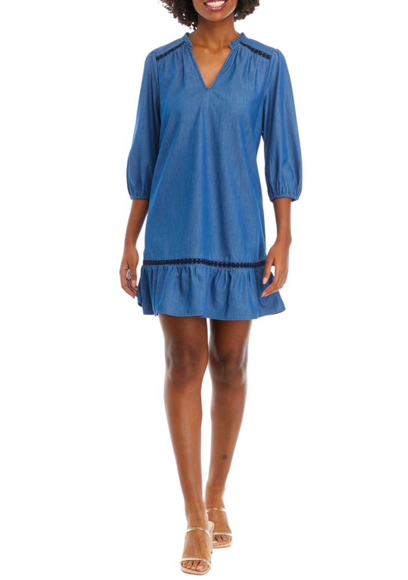 Womens Blouson Sleeve Ruffle Neck Dress