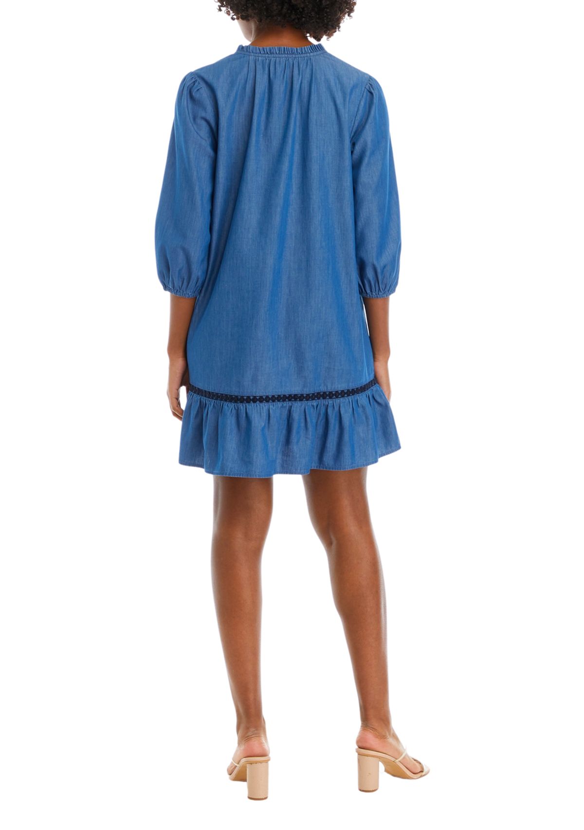 Womens Blouson Sleeve Ruffle Neck Dress