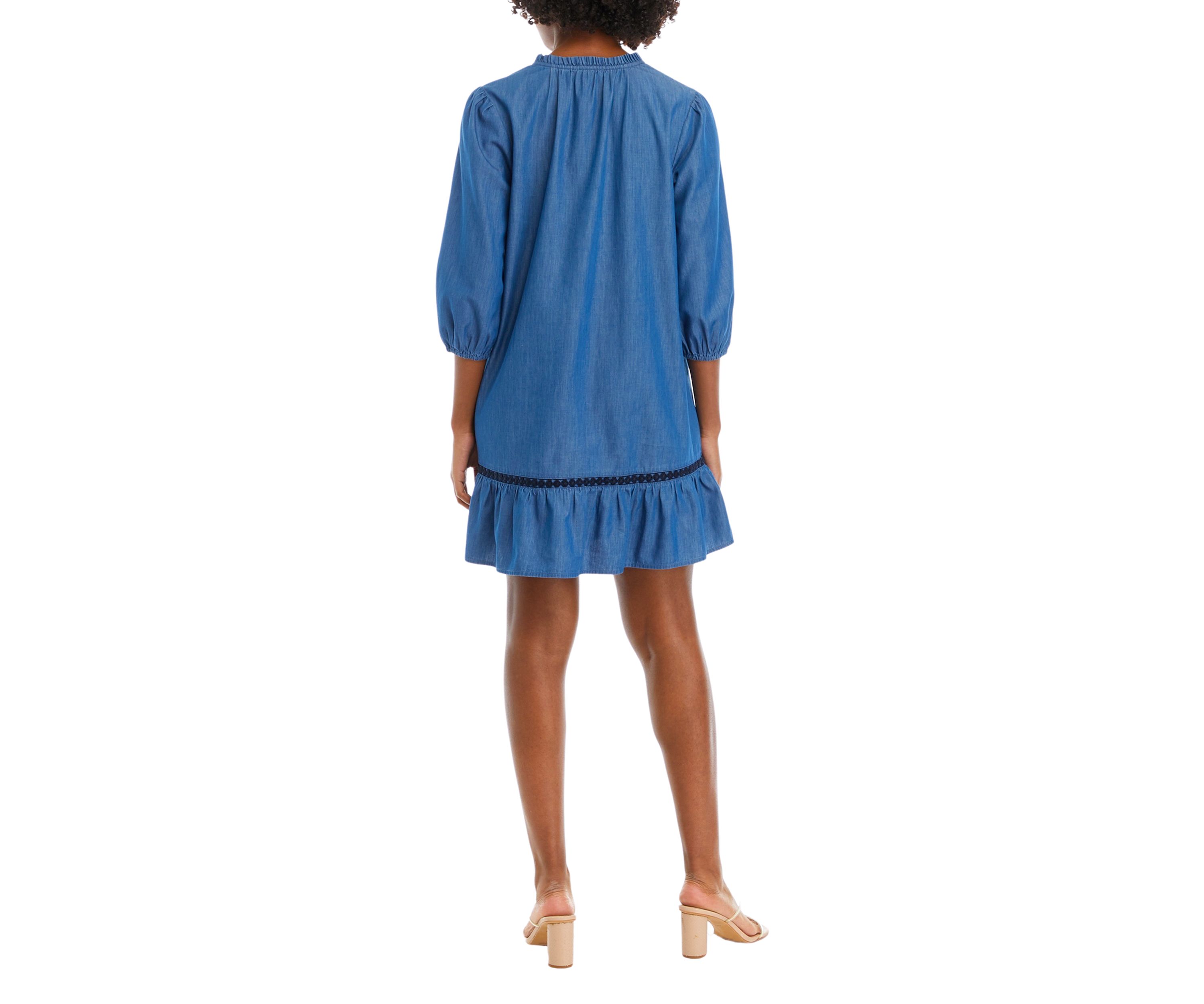 Womens Blouson Sleeve Ruffle Neck Dress