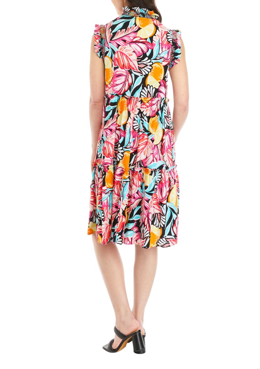 Womens Smocked Ruffle Neck Dress