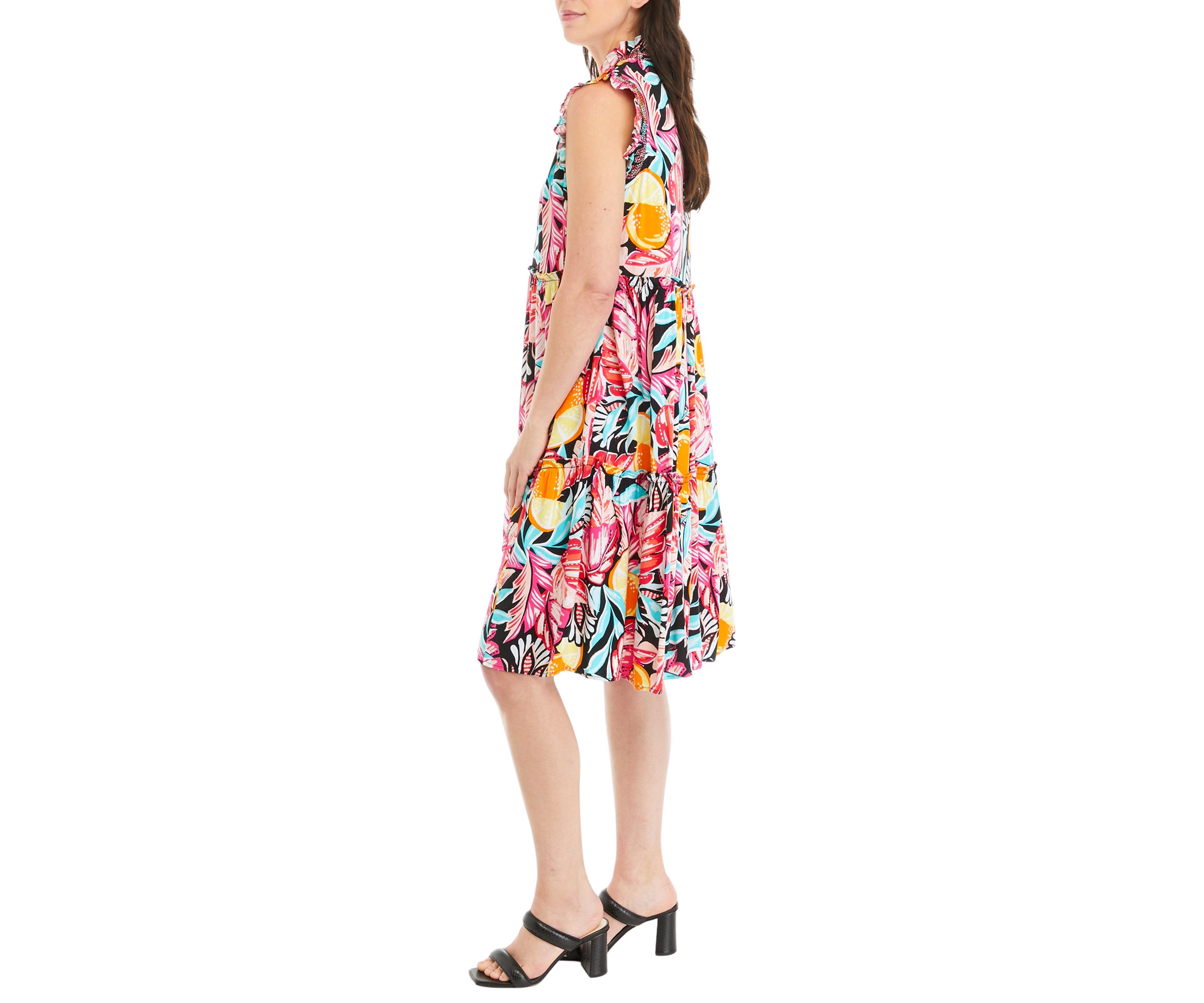 Womens Smocked Ruffle Neck Dress