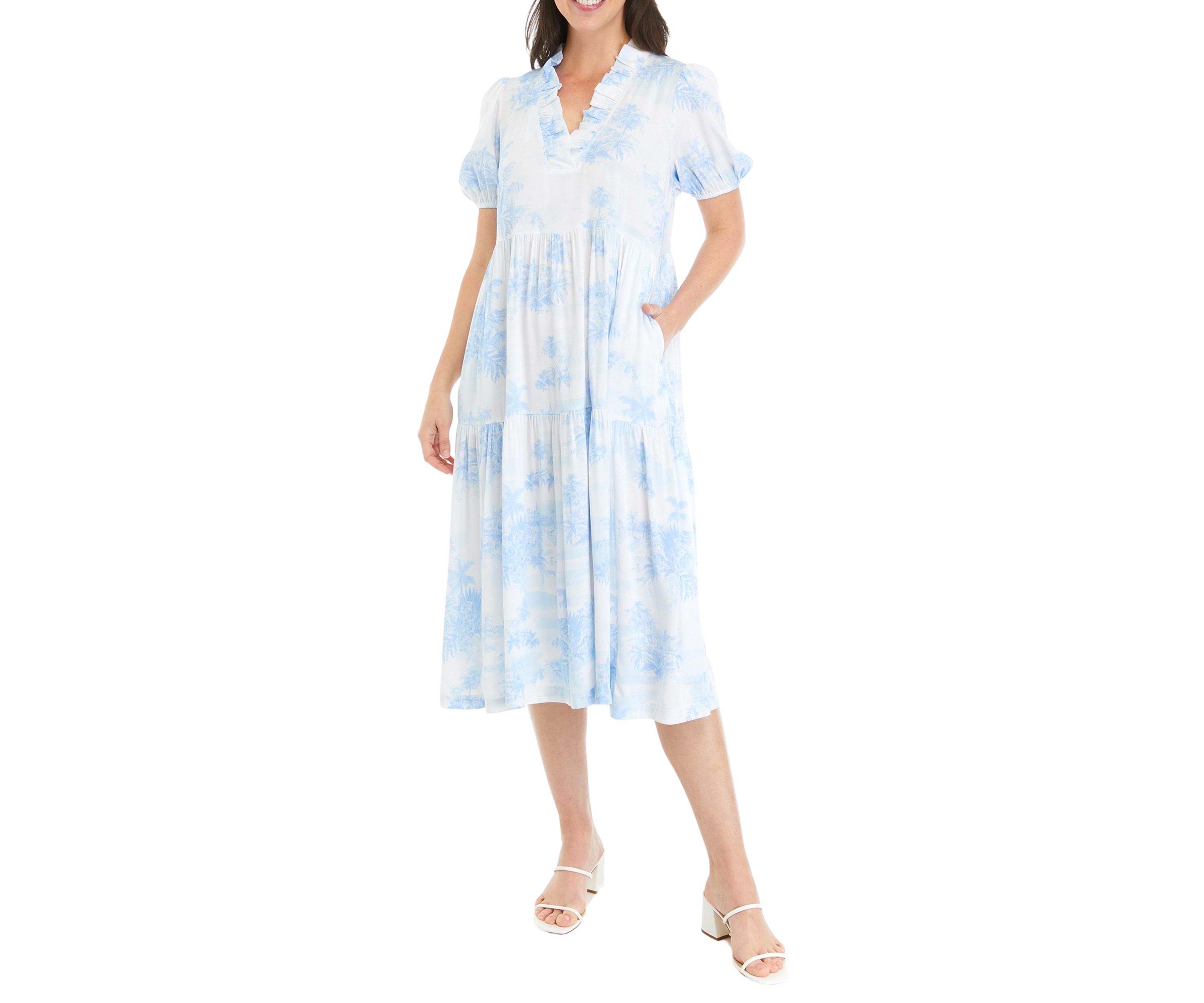 Womens Printed Ruffle Midi Dress