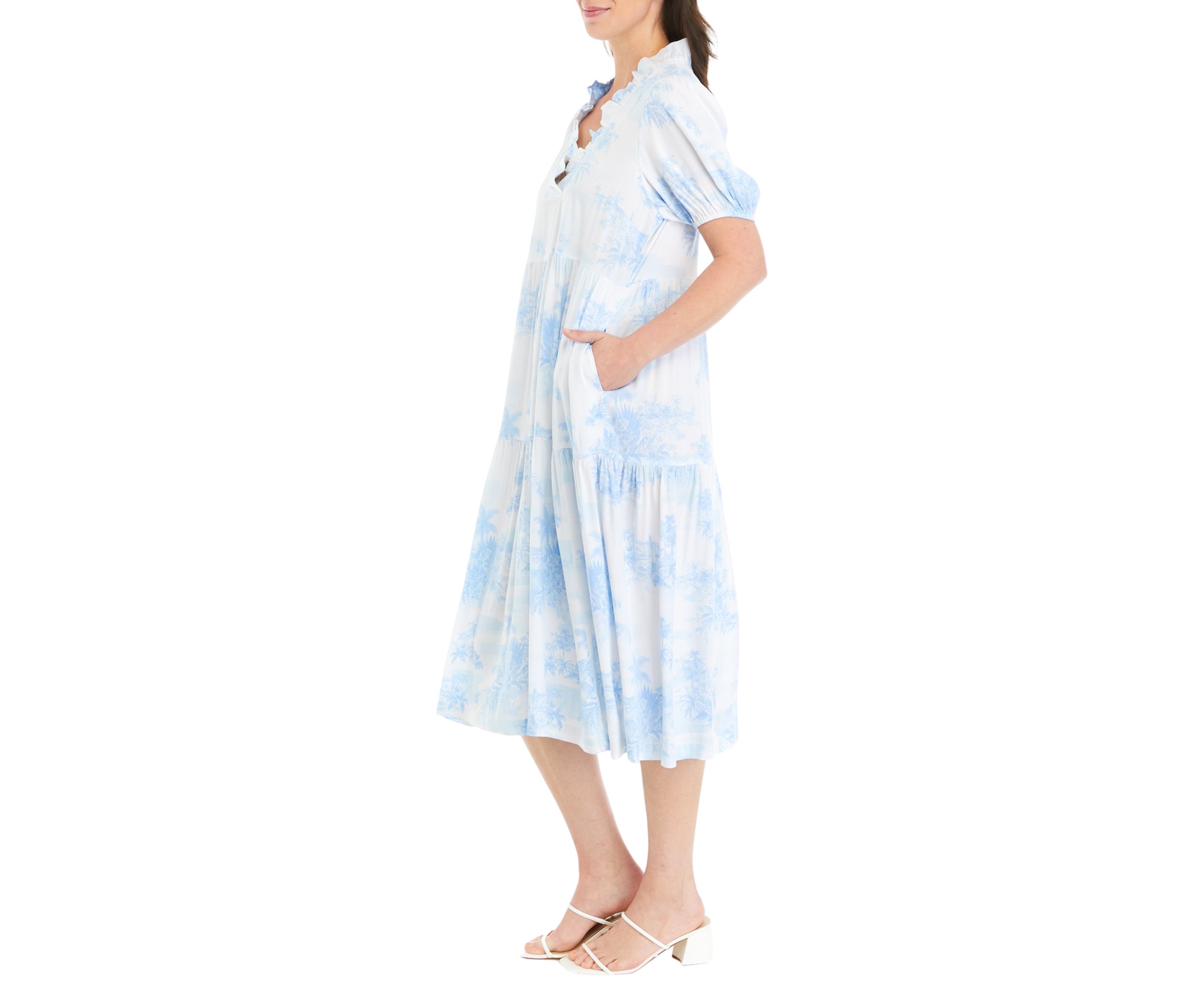 Womens Printed Ruffle Midi Dress