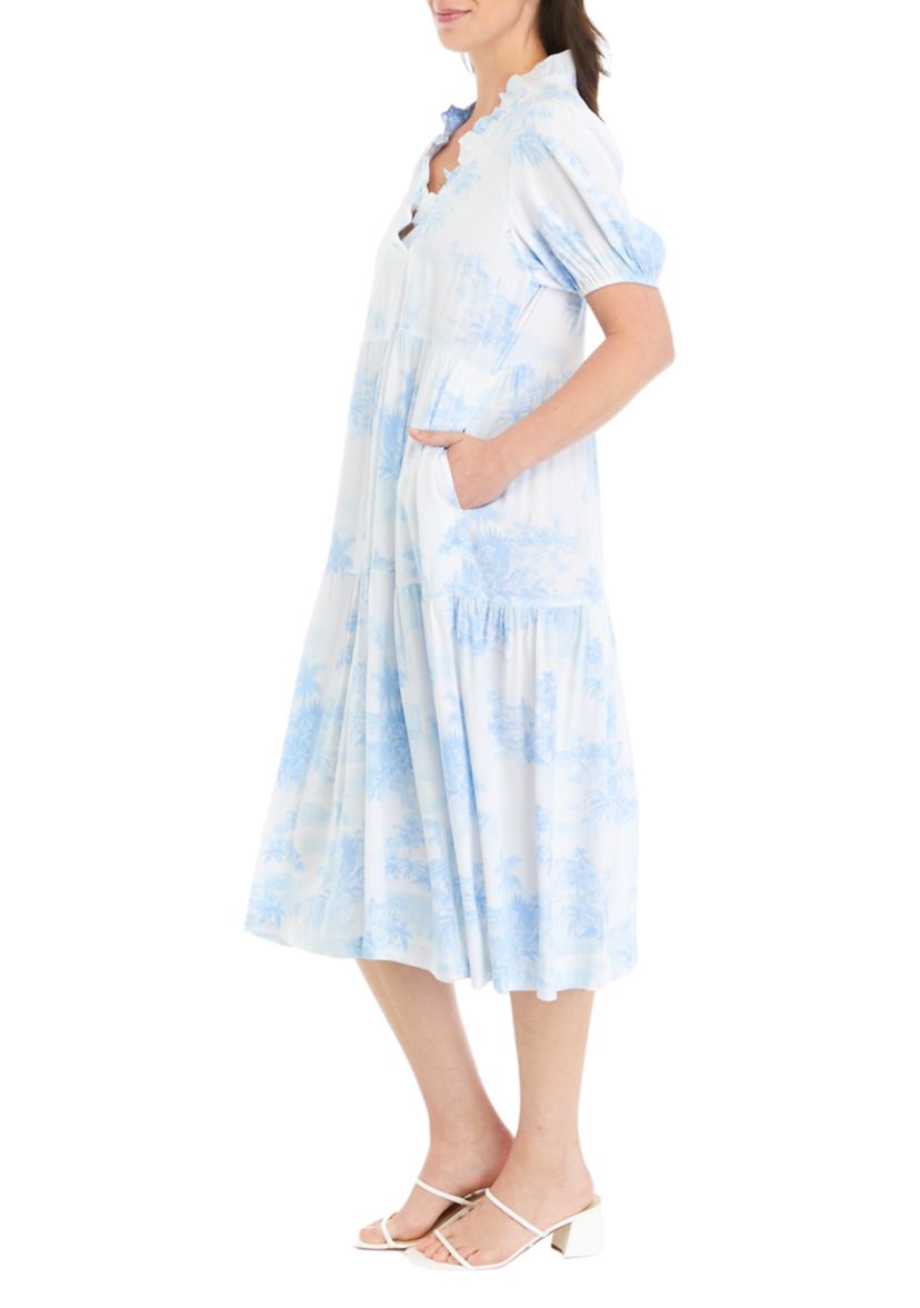 Womens Printed Ruffle Midi Dress